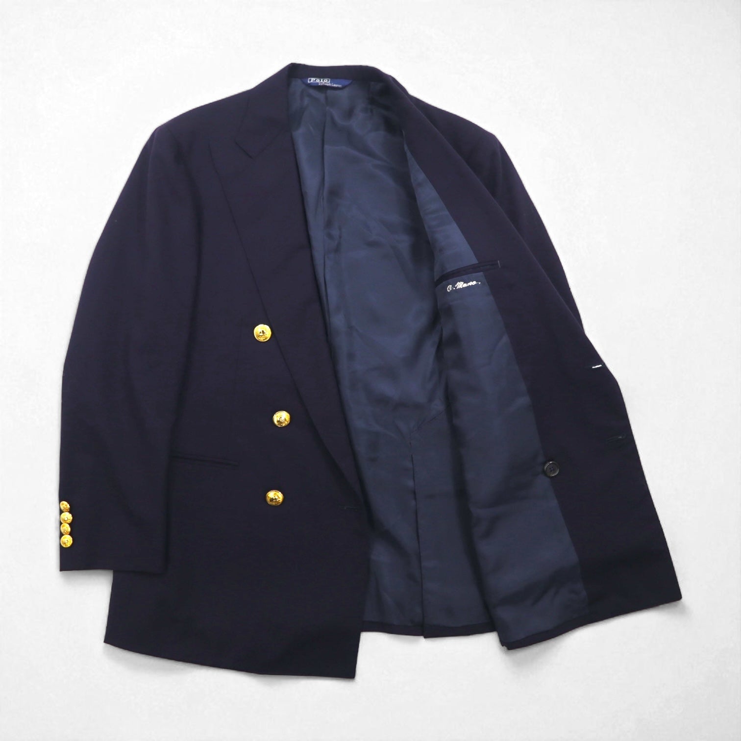 Ralph Lauren anni '90, blazer doppiopetto blu navy, made in Japan, completo in lana con bottoni dorati, taglia M.
