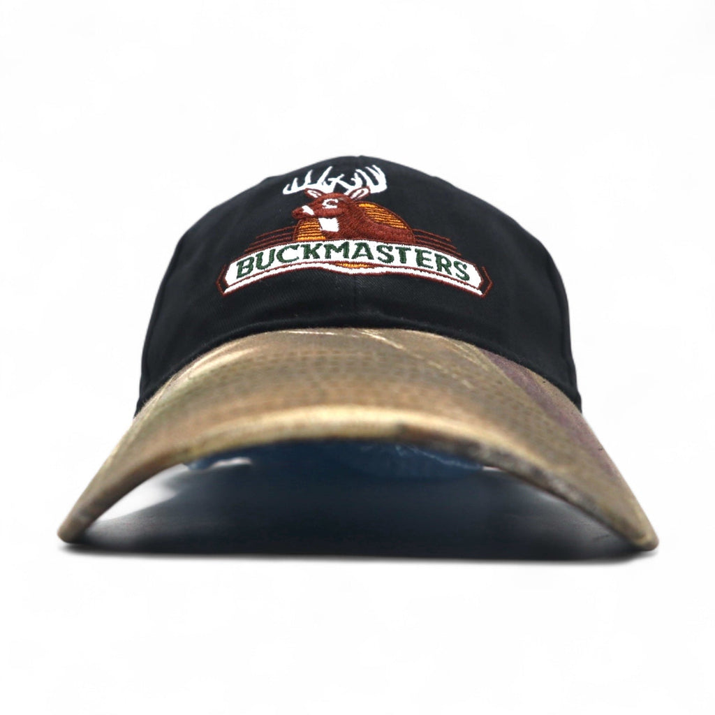 BUCKMASTERS Cappellino da esterno mimetico Realtree con inserti in pelle, taglia unica, regolabile, nero con ricamo animale