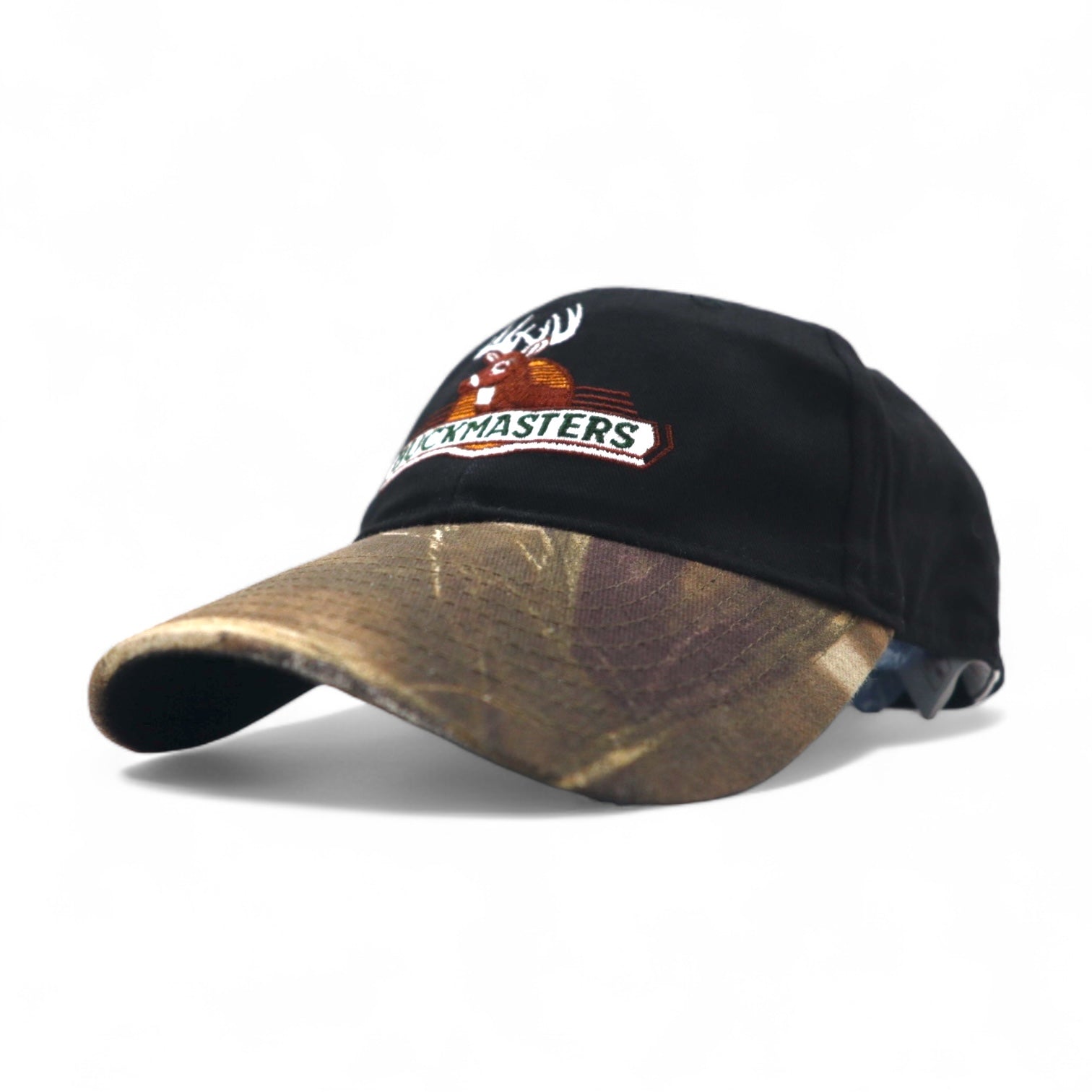 BUCKMASTERS Cappellino da esterno mimetico Realtree con inserti in pelle, taglia unica, regolabile, nero con ricamo animale