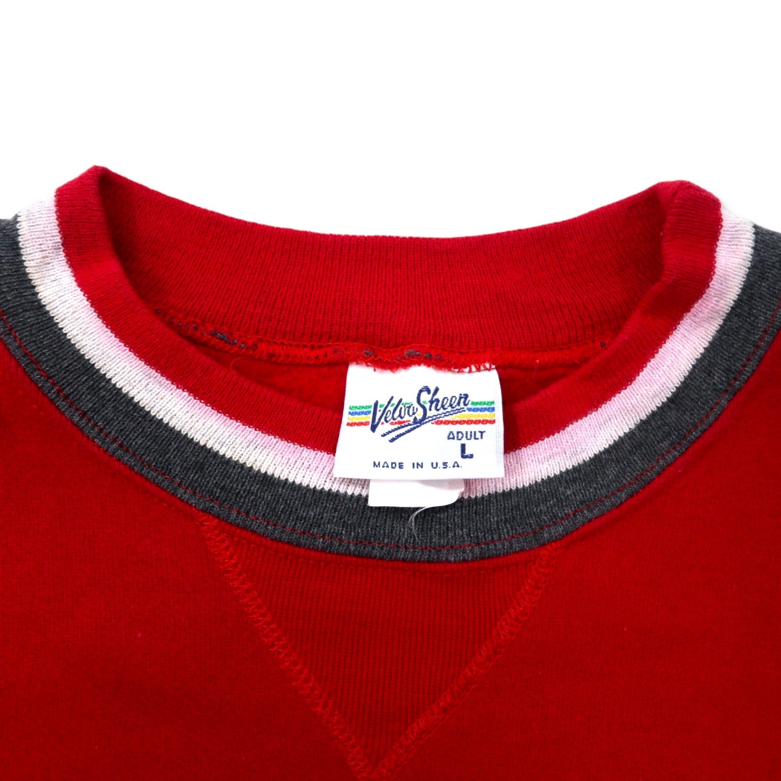 Velva Sheen Made in USA Anni '90 Felpa con scollo a V, bordi a costine, colore rosso, in cotone garzato, Chipinaw