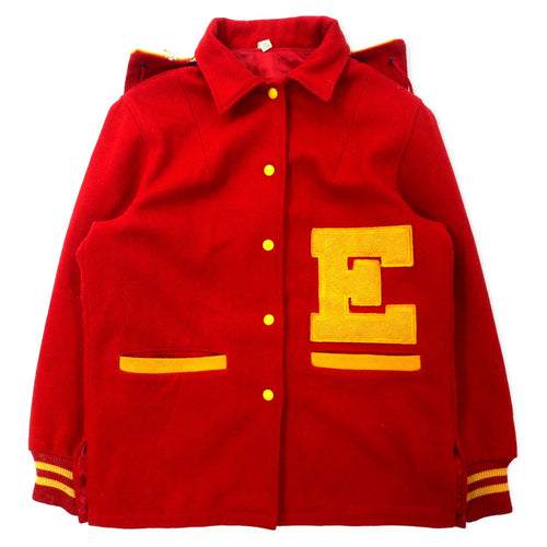 BUTWIN USA, anni '60, giacca letterman, taglia 14, lana rossa, cerniera Talon a barra, cappuccio di pelliccia di coniglio staccabile.