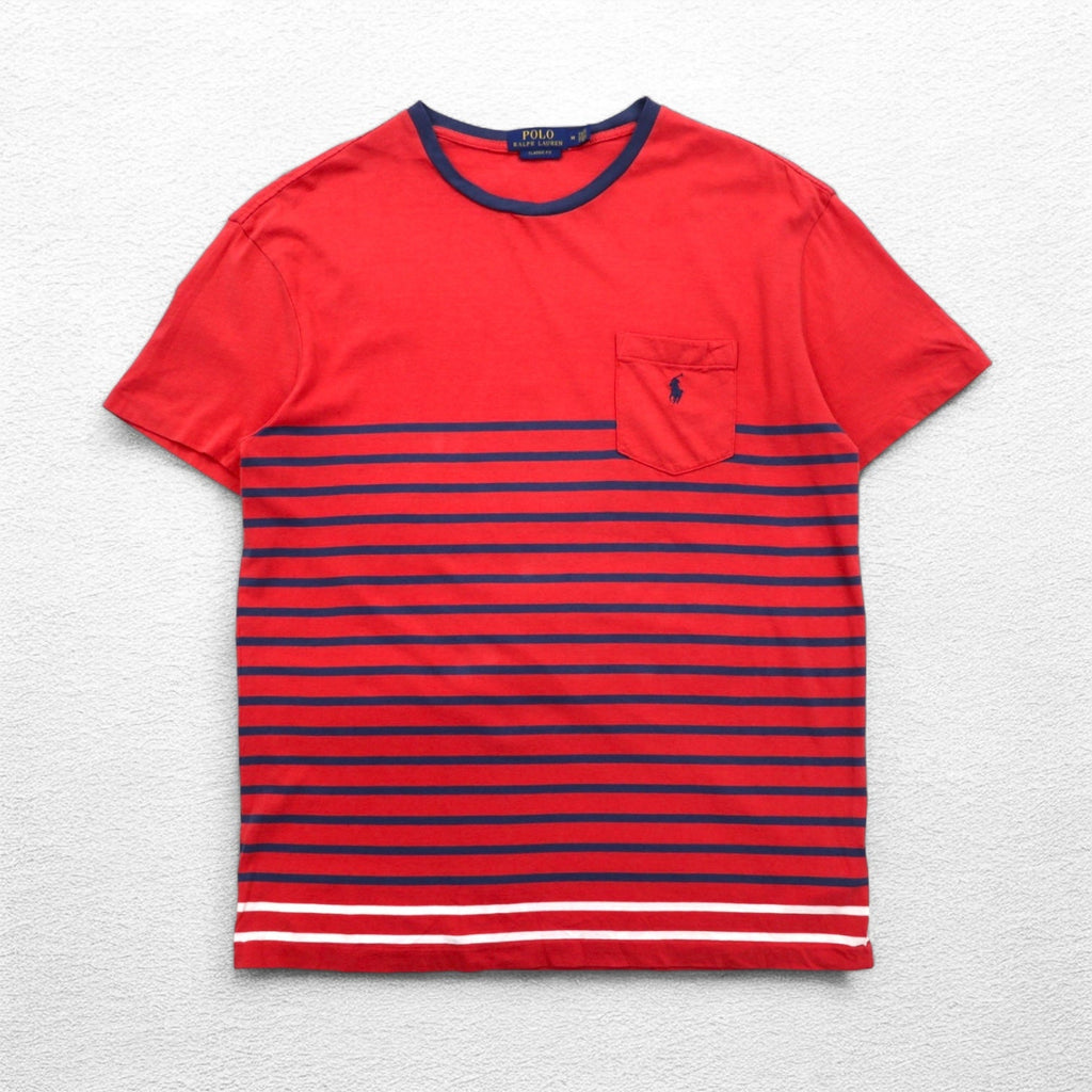 POLO RALPH LAUREN T-shirt a righe con taschino Classic Fit M rosa con ricamo Small Pony
