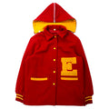 BUTWIN USA, anni '60, giacca letterman, taglia 14, lana rossa, cerniera Talon a barra, cappuccio di pelliccia di coniglio staccabile.