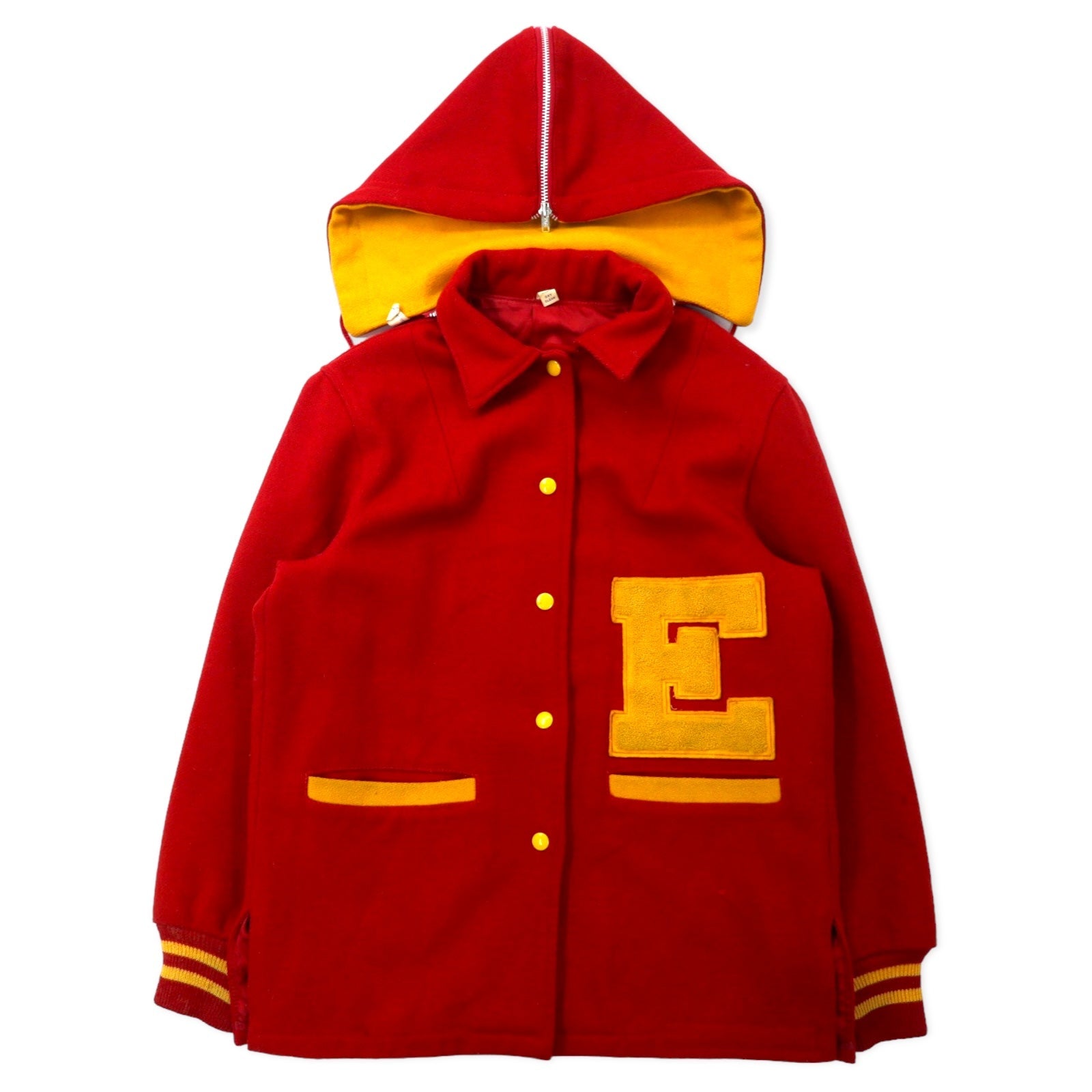 BUTWIN USA, anni '60, giacca letterman, taglia 14, lana rossa, cerniera Talon a barra, cappuccio di pelliccia di coniglio staccabile.