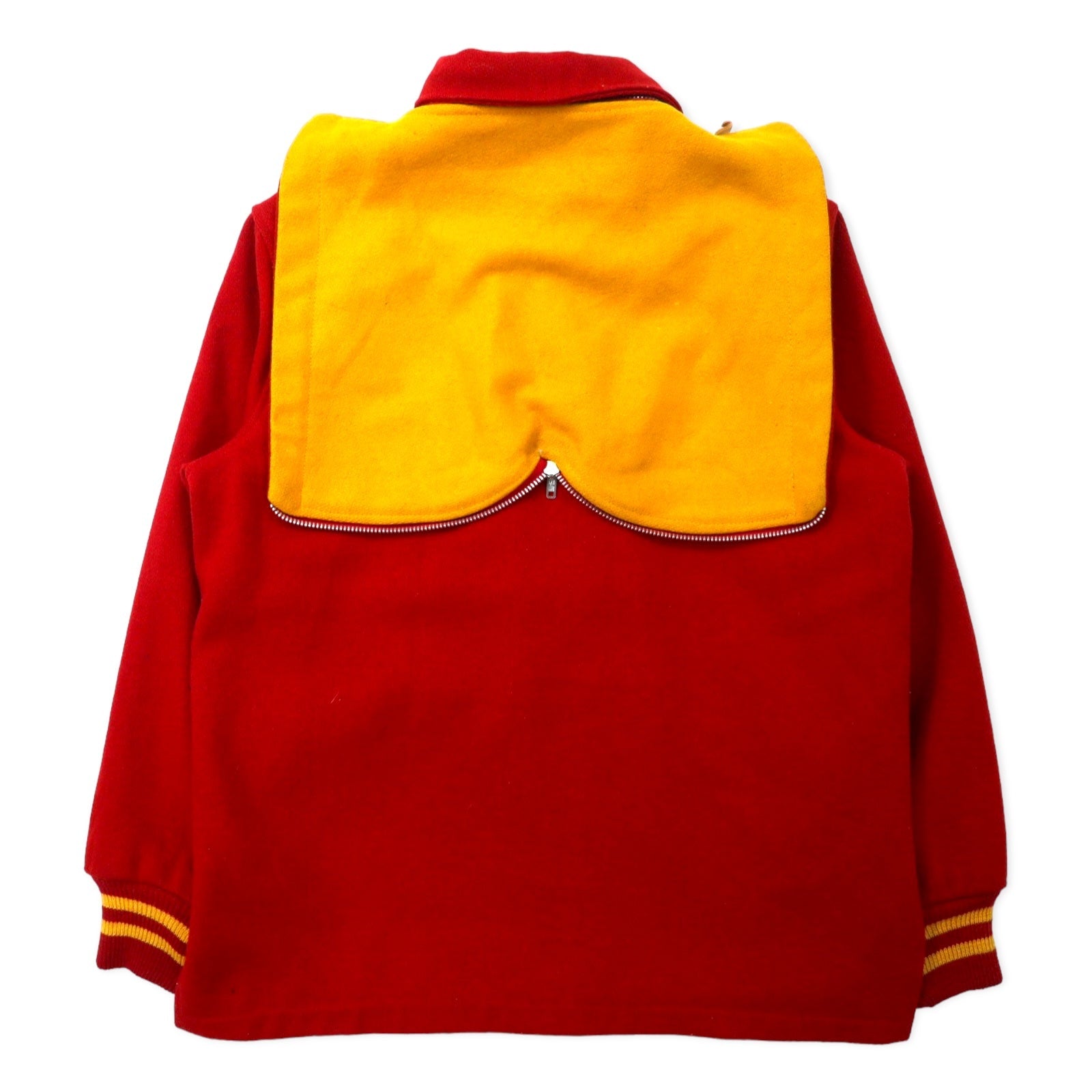 BUTWIN USA, anni '60, giacca letterman, taglia 14, lana rossa, cerniera Talon a barra, cappuccio di pelliccia di coniglio staccabile.