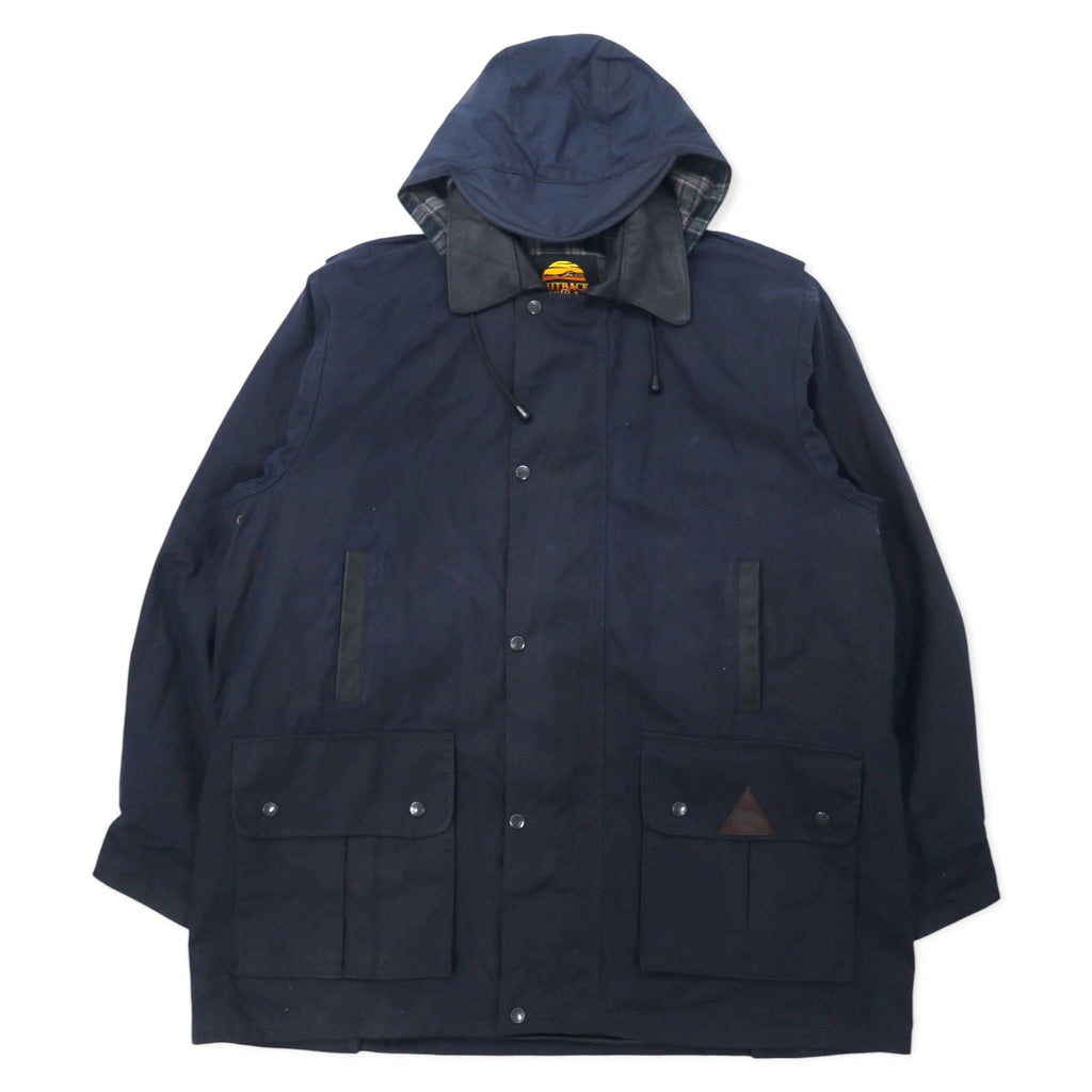 OUTBACK Giacca cerata australiana XXL blu navy in cotone, inserti in pelle, fodera a quadri, cappuccio rimovibile, coulisse