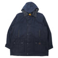 OUTBACK Giacca cerata australiana XXL blu navy in cotone, inserti in pelle, fodera a quadri, cappuccio rimovibile, coulisse