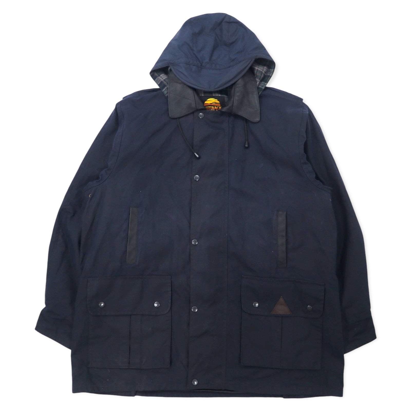 OUTBACK Giacca cerata australiana XXL blu navy in cotone, inserti in pelle, fodera a quadri, cappuccio rimovibile, coulisse