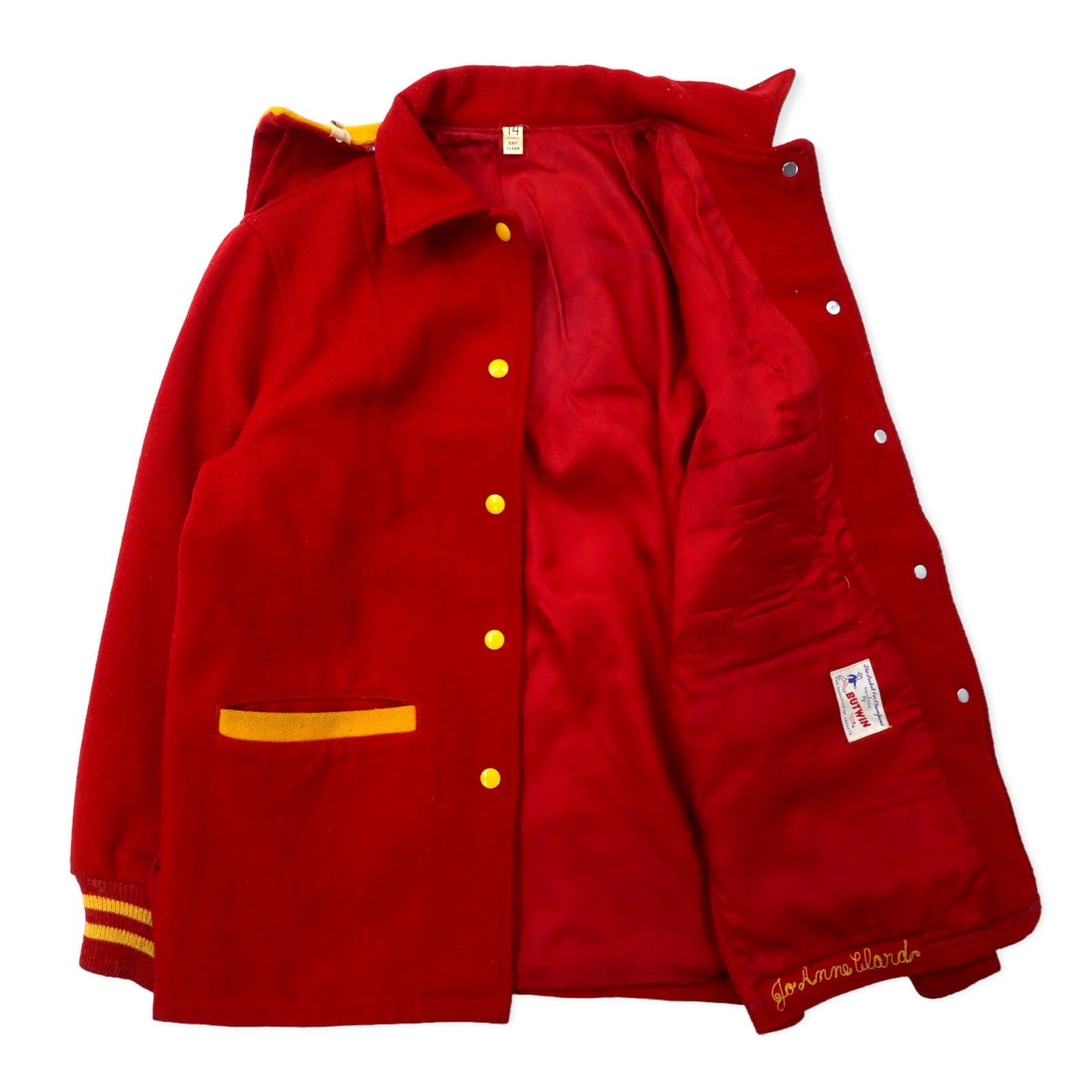 BUTWIN USA, anni '60, giacca letterman, taglia 14, lana rossa, cerniera Talon a barra, cappuccio di pelliccia di coniglio staccabile.