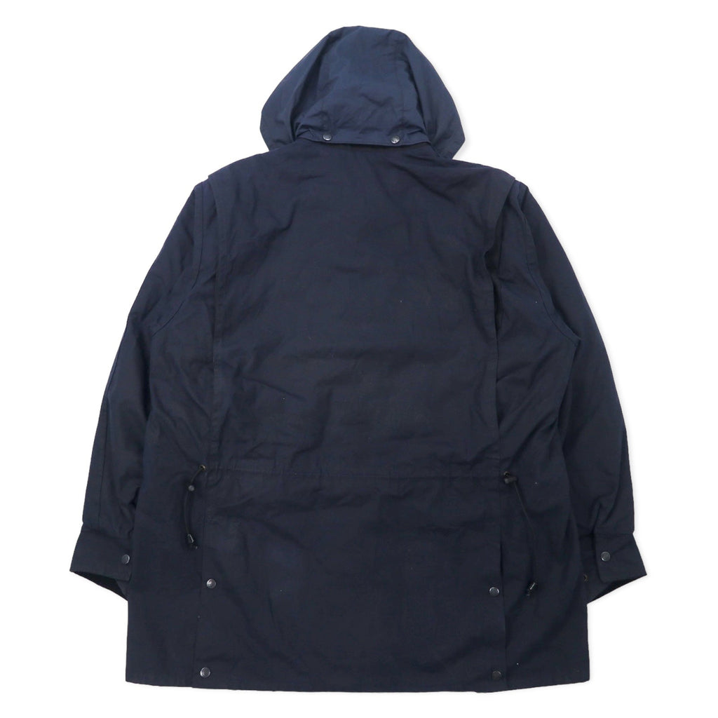 OUTBACK Giacca cerata australiana XXL blu navy in cotone, inserti in pelle, fodera a quadri, cappuccio rimovibile, coulisse