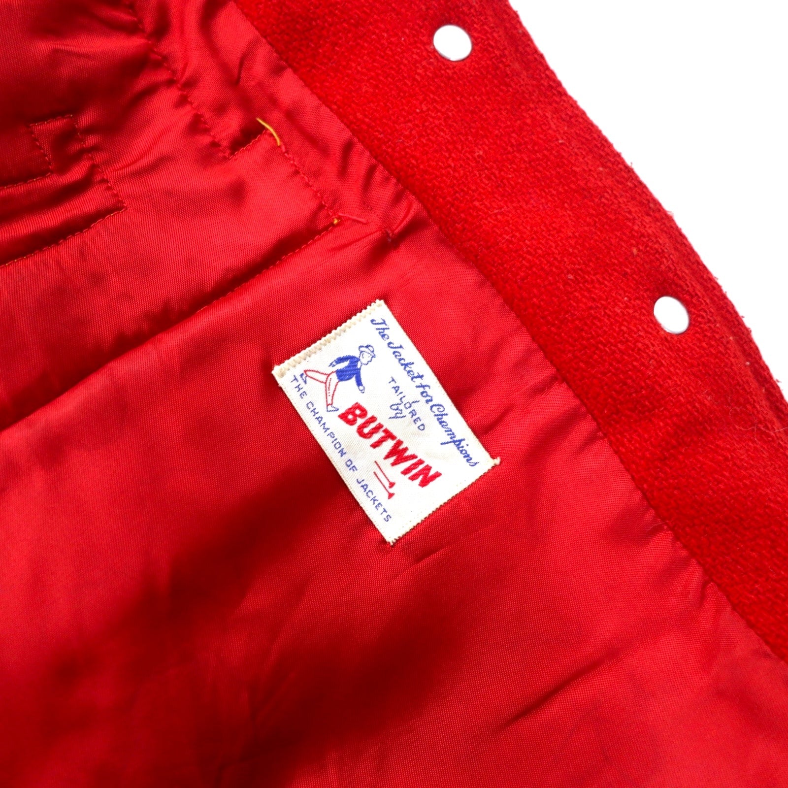 BUTWIN USA, anni '60, giacca letterman, taglia 14, lana rossa, cerniera Talon a barra, cappuccio di pelliccia di coniglio staccabile.