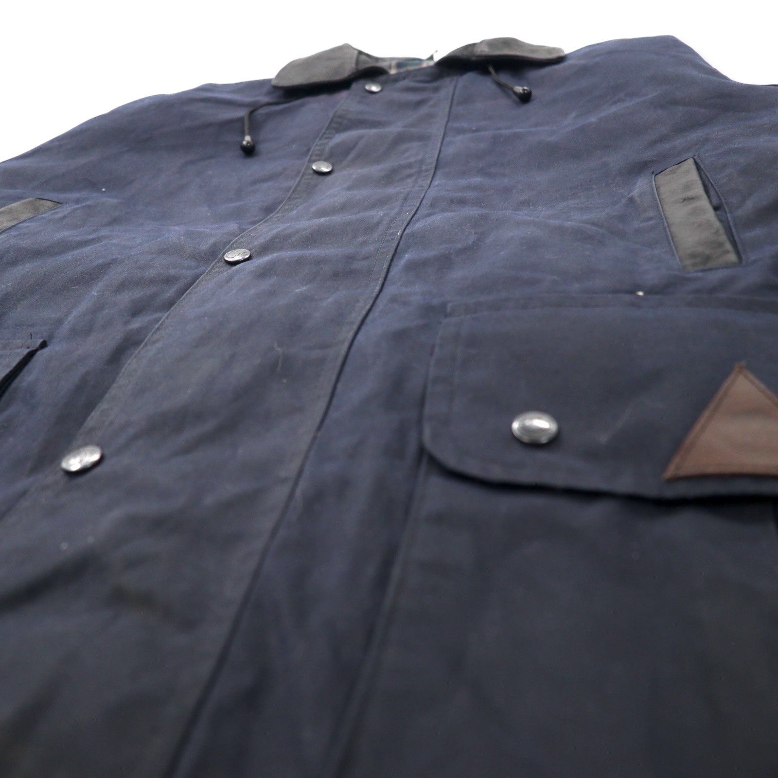 OUTBACK Giacca cerata australiana XXL blu navy in cotone, inserti in pelle, fodera a quadri, cappuccio rimovibile, coulisse