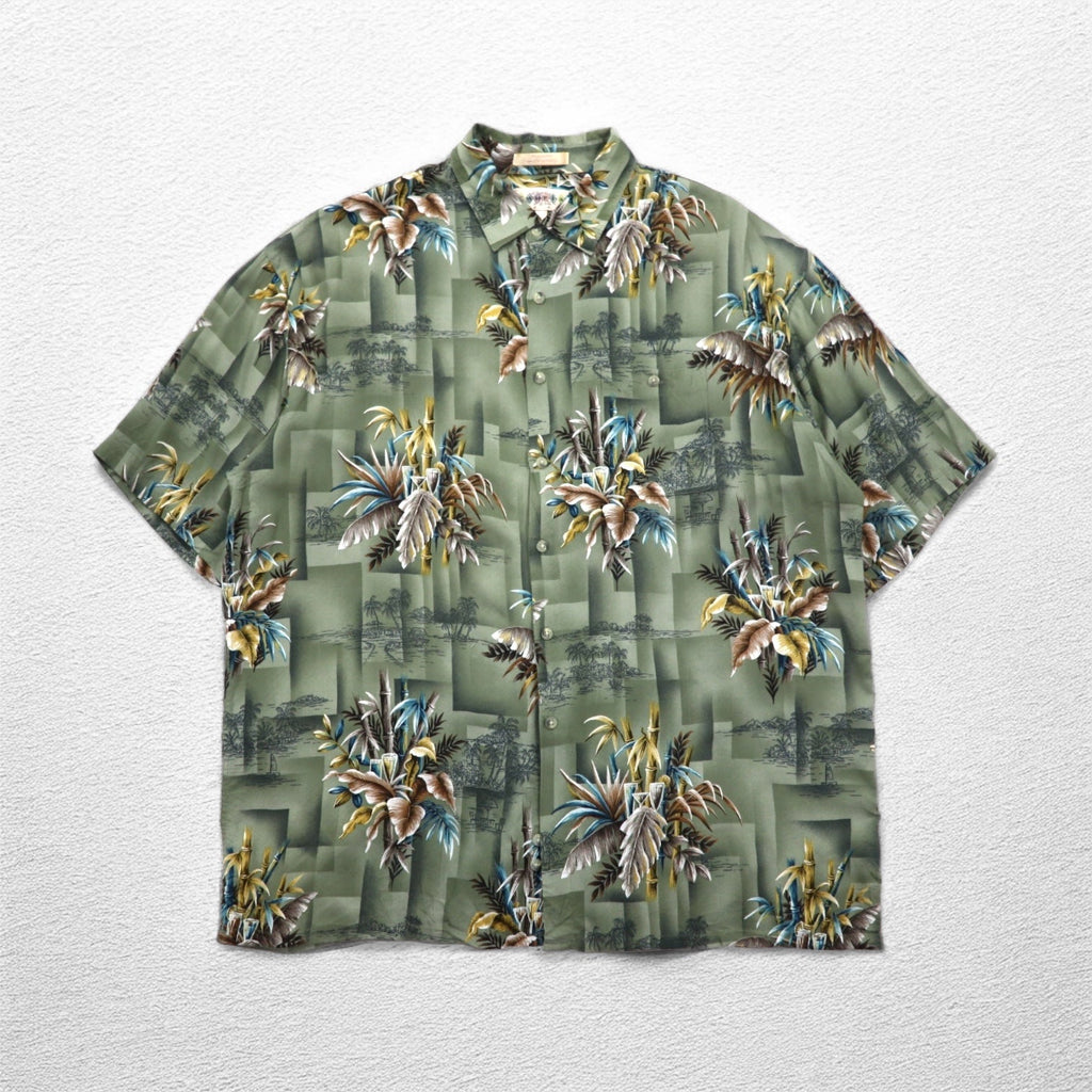 CAMPIA MODA アロハシャツ XL カーキ レーヨン 総柄 ボタニカル 胸ポケット