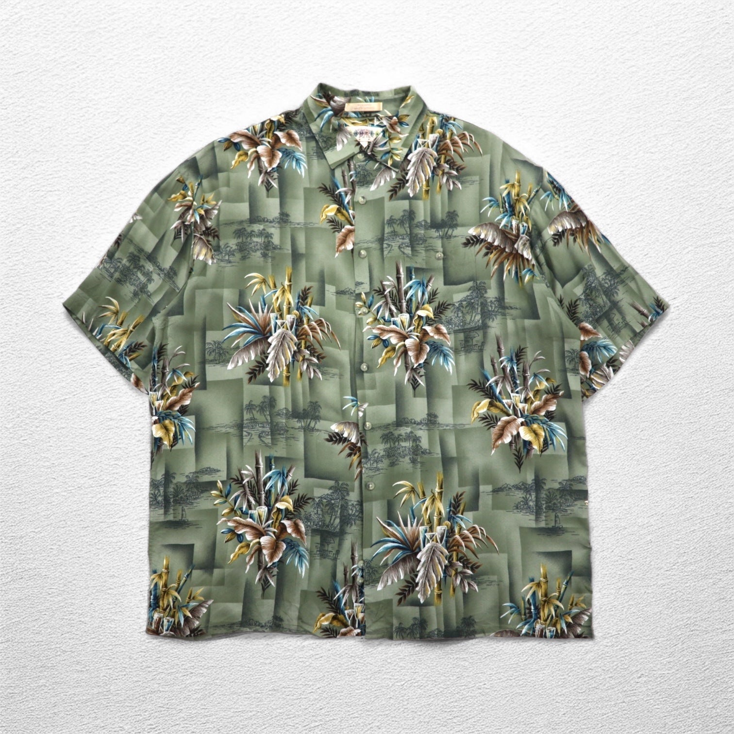 CAMPIA MODA Camicia hawaiana XL cachi viscosa fantasia motivo botanico taschino sul petto