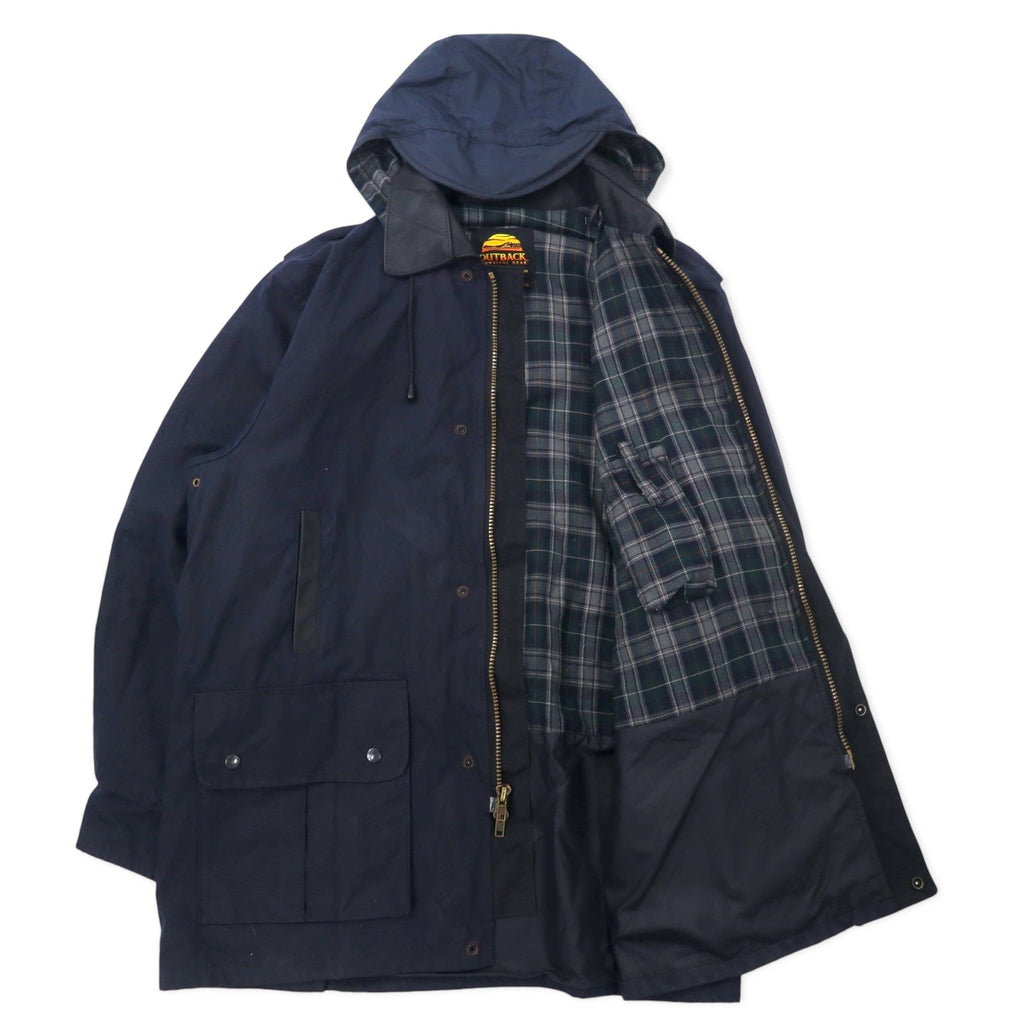 OUTBACK Giacca cerata australiana XXL blu navy in cotone, inserti in pelle, fodera a quadri, cappuccio rimovibile, coulisse
