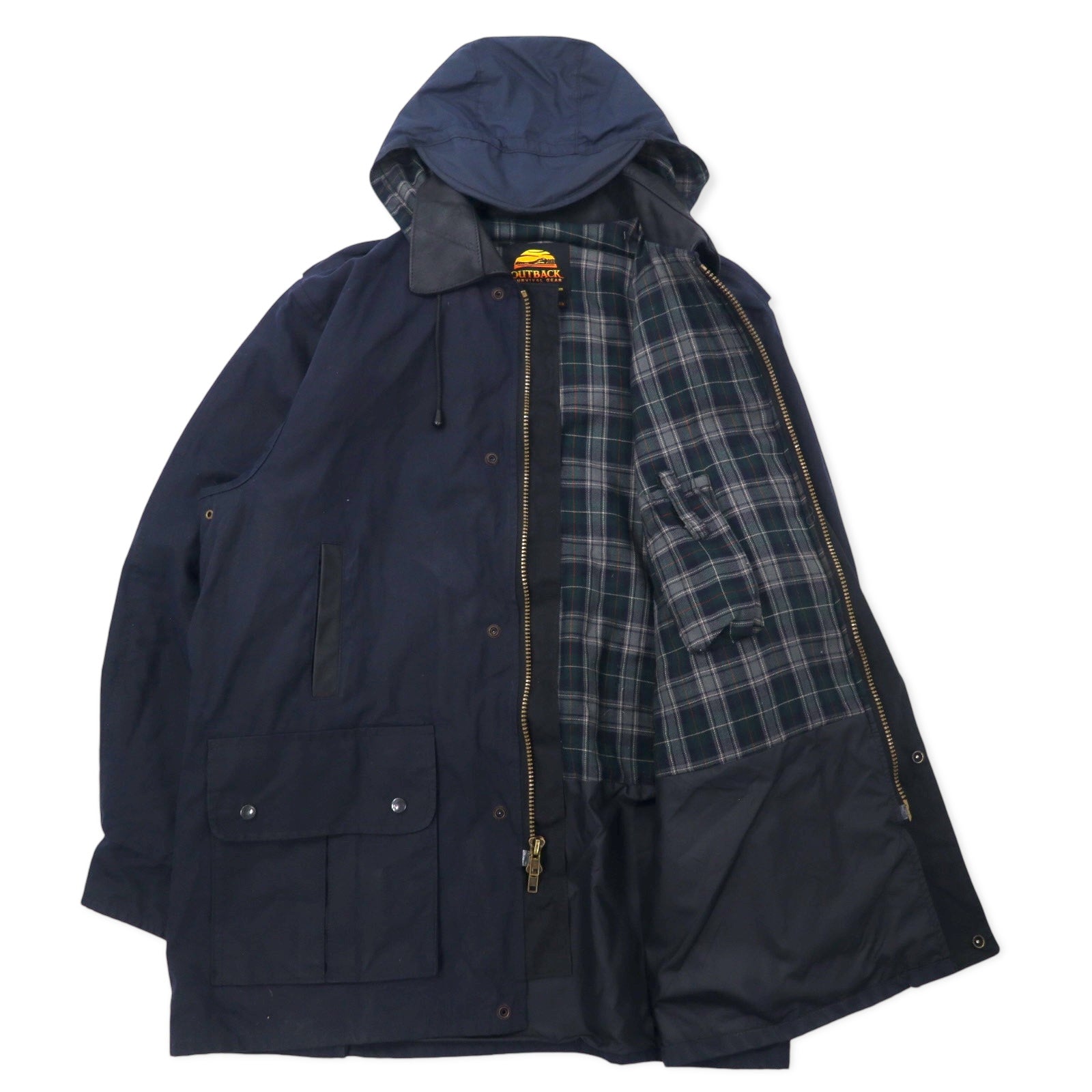 OUTBACK Giacca cerata australiana XXL blu navy in cotone, inserti in pelle, fodera a quadri, cappuccio rimovibile, coulisse