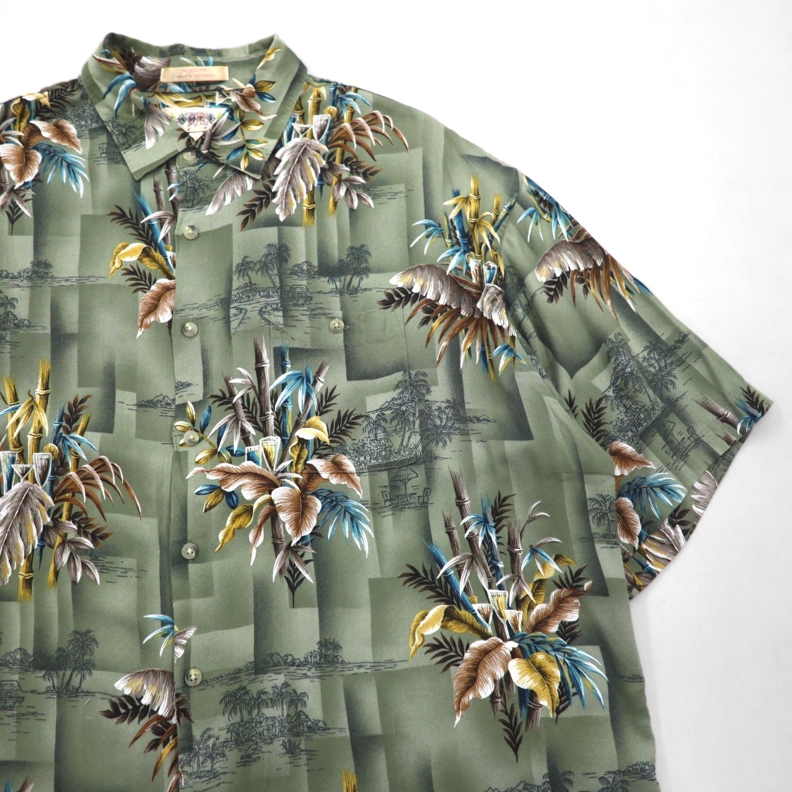 CAMPIA MODA Camicia hawaiana XL cachi viscosa fantasia motivo botanico taschino sul petto