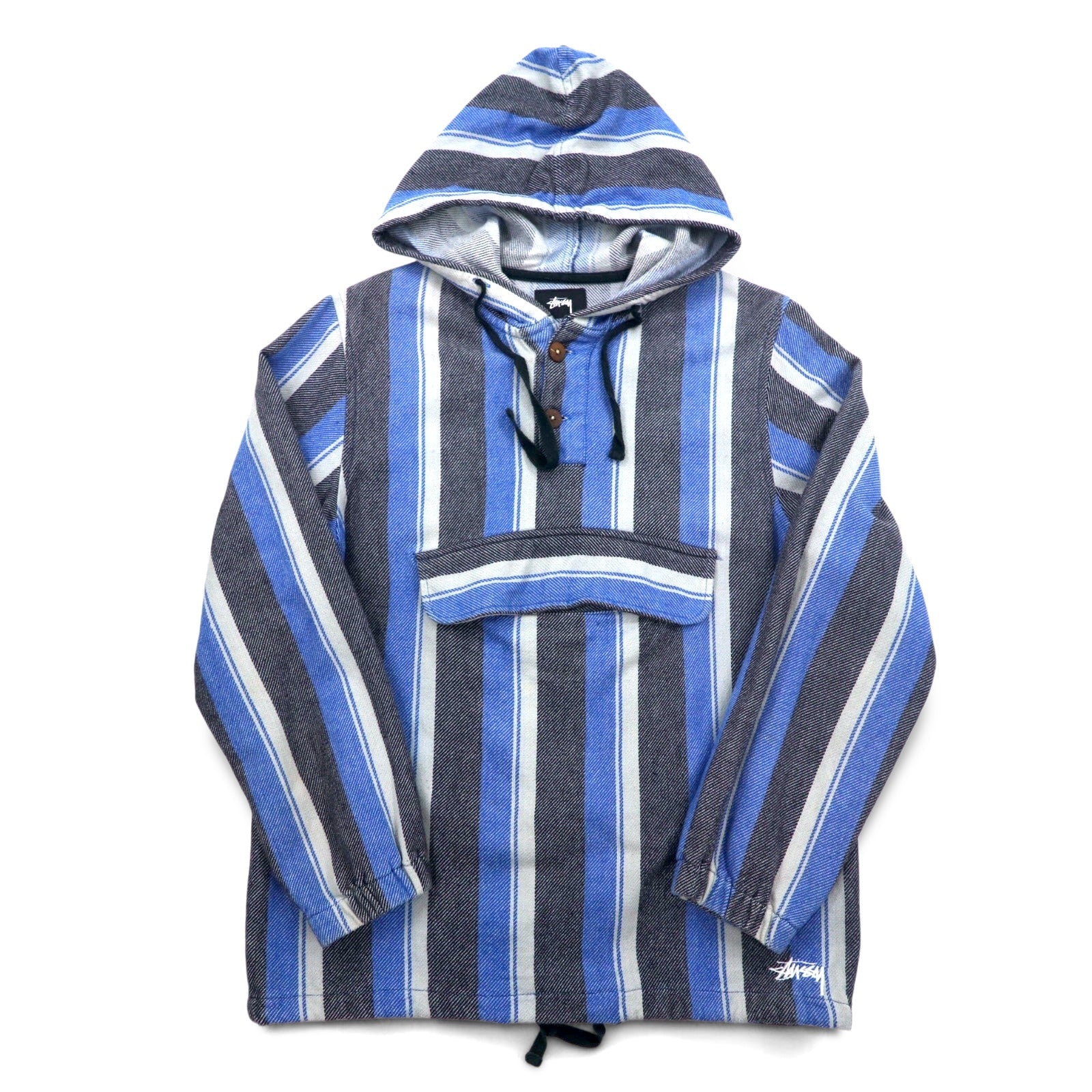 Felpa con cappuccio messicana Stussy con logo Chanel, taglia L, a righe blu, in cotone, stampa logo posteriore