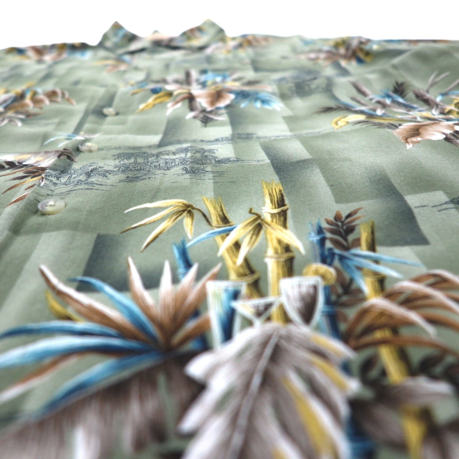 CAMPIA MODA Camicia hawaiana XL cachi viscosa fantasia motivo botanico taschino sul petto