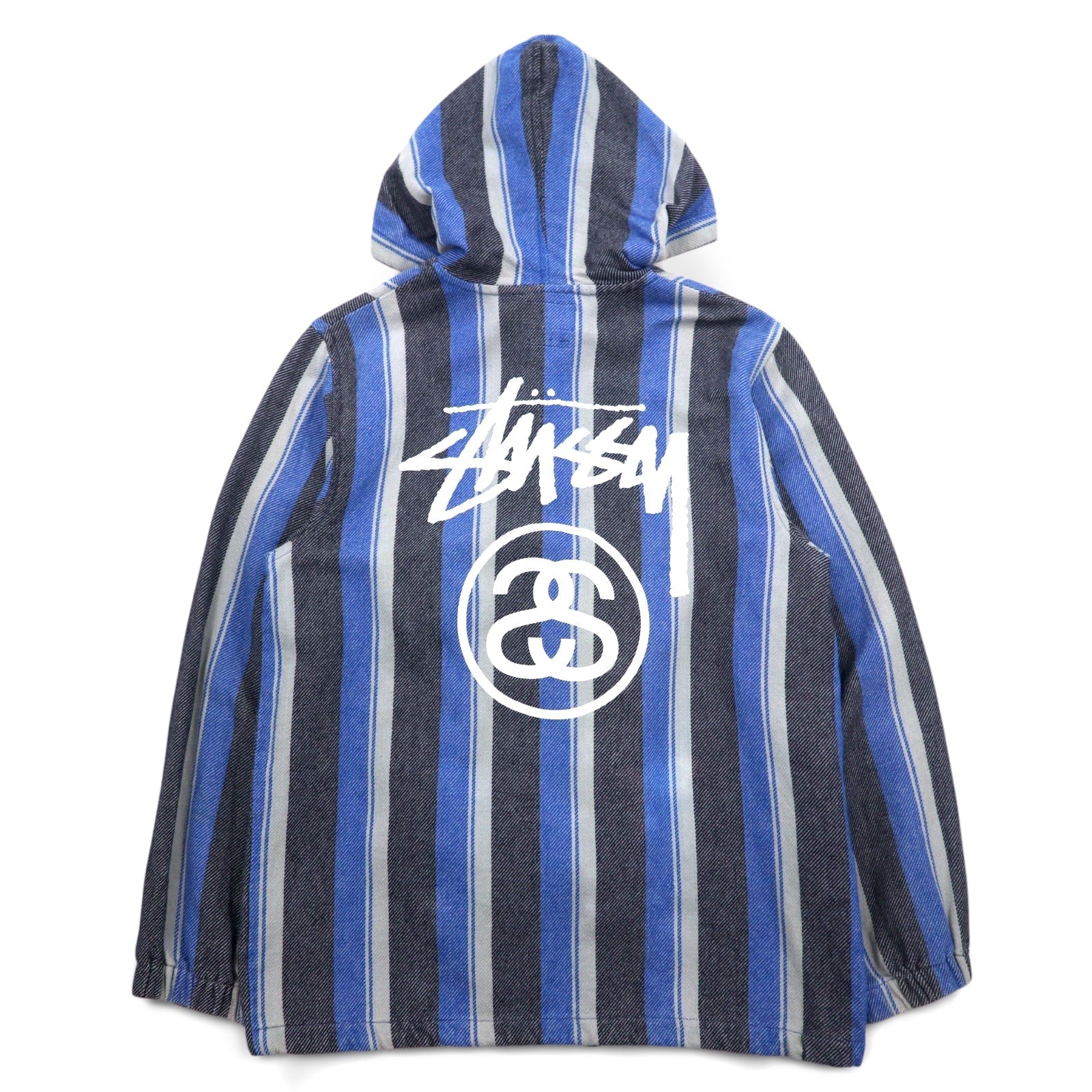 Felpa con cappuccio messicana Stussy con logo Chanel, taglia L, a righe blu, in cotone, stampa logo posteriore