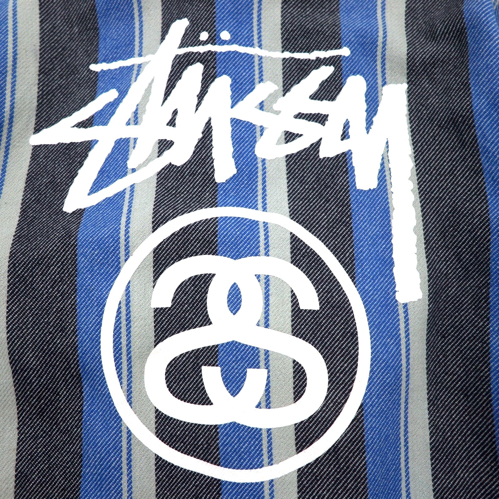 Felpa con cappuccio messicana Stussy con logo Chanel, taglia L, a righe blu, in cotone, stampa logo posteriore