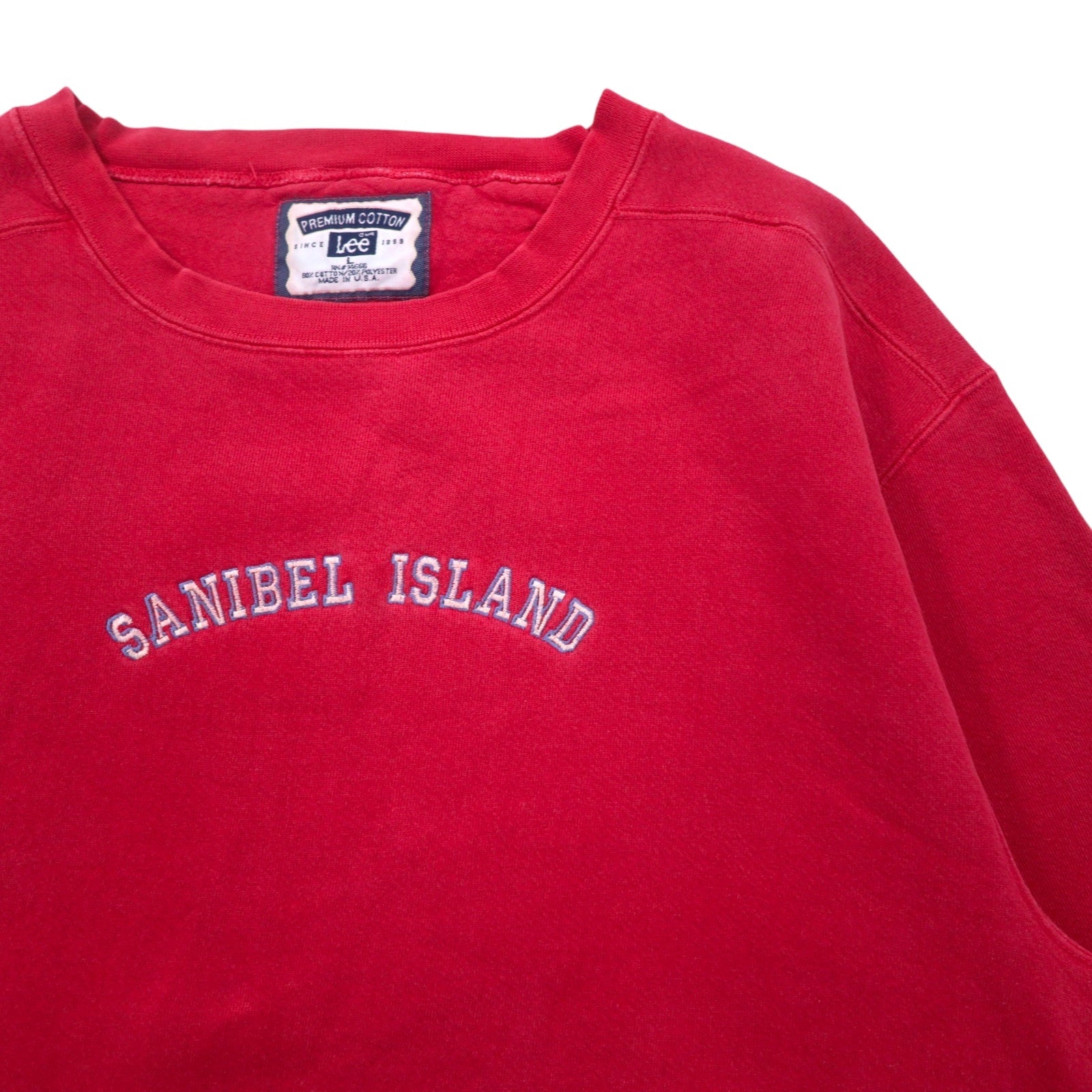 Lee anni '90 USA PREMIUM COTTON felpa L rosso cotone ricamo ad arco SANIBEL ISLAND