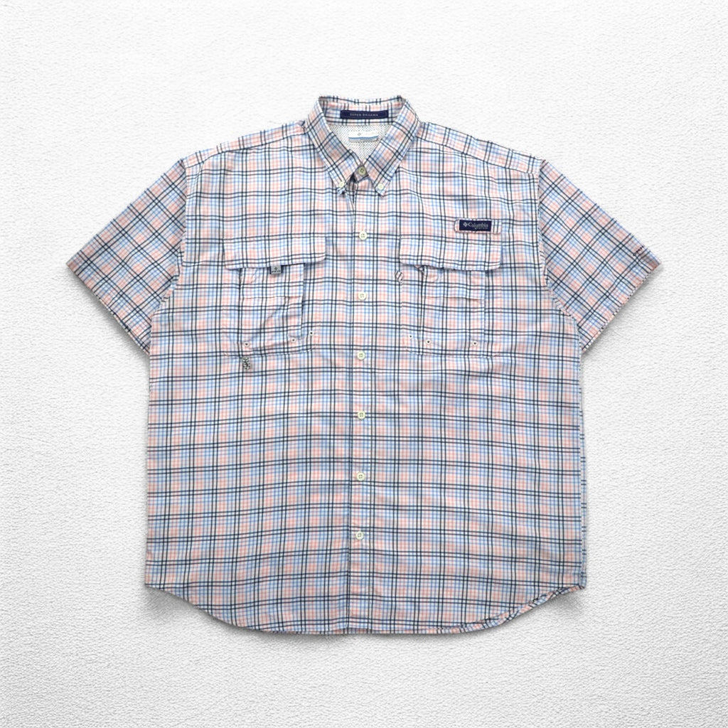 Columbia PFG Super Bahama UVカット オムニシェード バハマ フィッシングシャツ L ホワイト ブルー チェック ナイロン FM7190