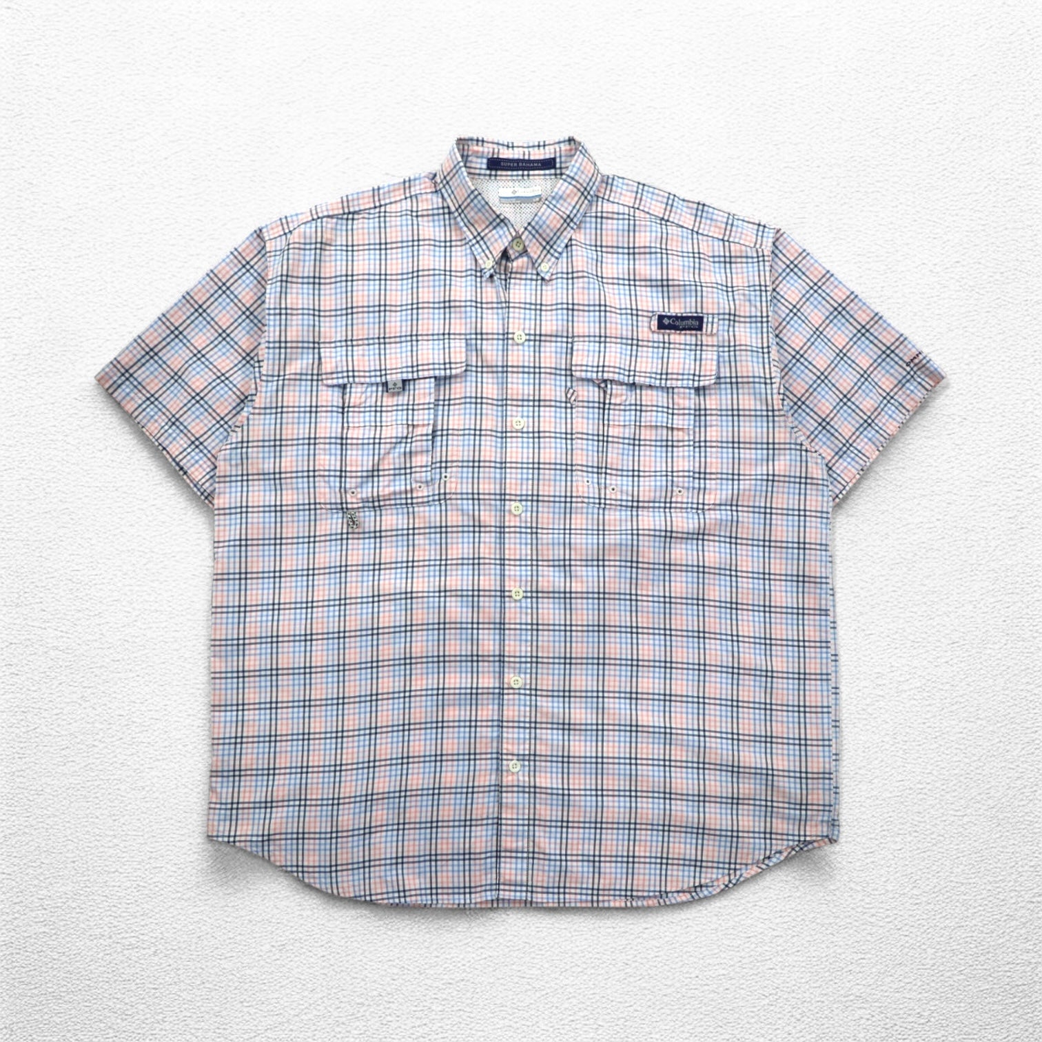 Columbia PFG Super Bahama UVカット オムニシェード バハマ フィッシングシャツ L ホワイト ブルー チェック ナイロン FM7190