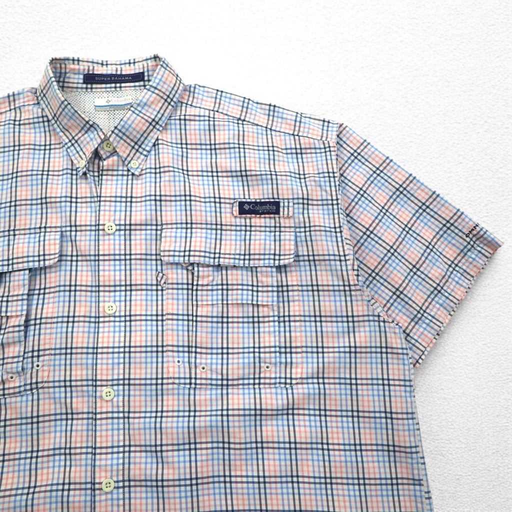 Columbia PFG Super Bahama UVカット オムニシェード バハマ フィッシングシャツ L ホワイト ブルー チェック ナイロン FM7190