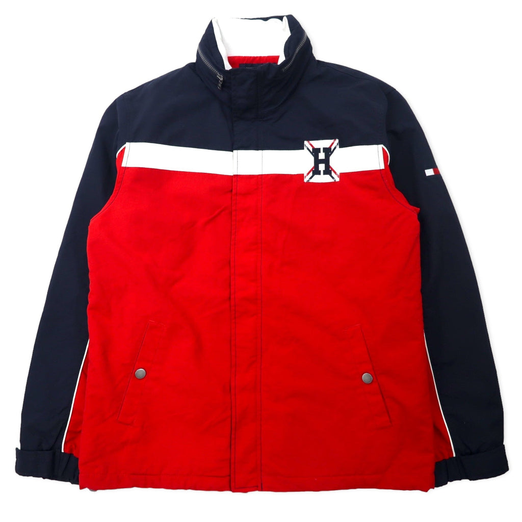 TOMMY HILFIGER Giacca a vela L Blu Navy Rosso Nylon Fodera in pile Cappuccio a scomparsa