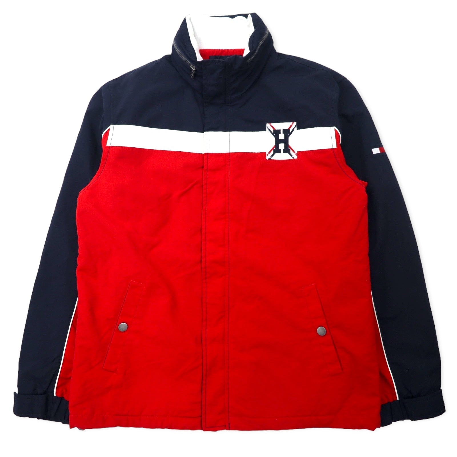TOMMY HILFIGER Giacca a vela L Blu Navy Rosso Nylon Fodera in pile Cappuccio a scomparsa