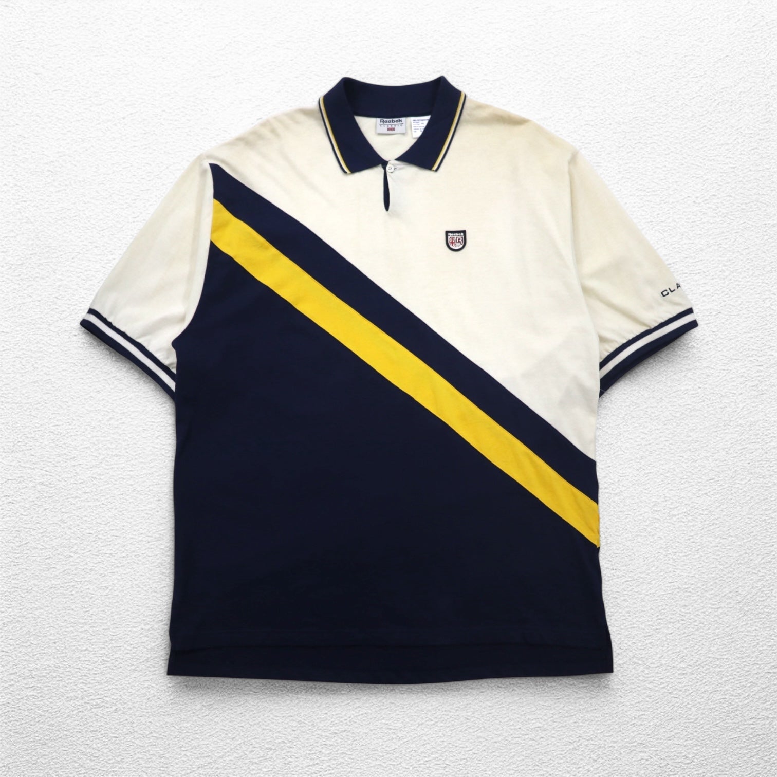 Reebok CLASSIC Polo design a righe XL Panna Navy Cotone Nuovo con etichette