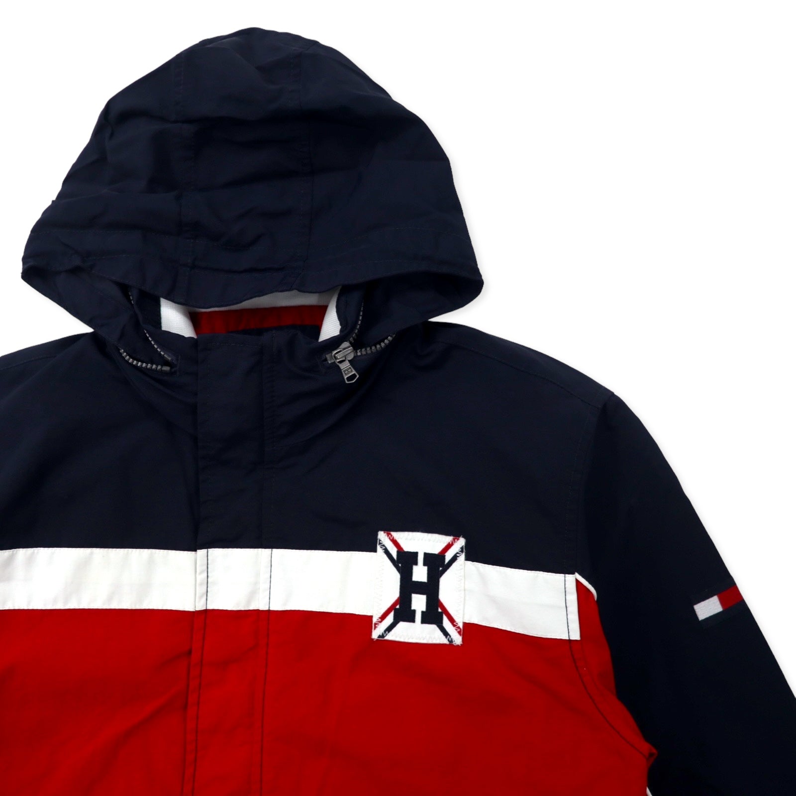TOMMY HILFIGER Giacca a vela L Blu Navy Rosso Nylon Fodera in pile Cappuccio a scomparsa