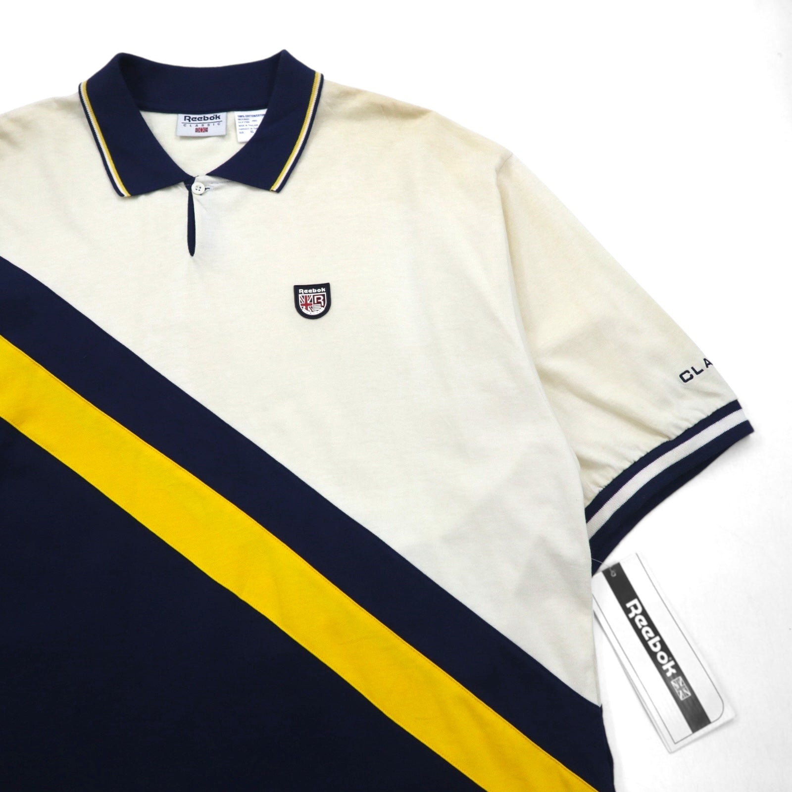 Reebok CLASSIC Polo design a righe XL Panna Navy Cotone Nuovo con etichette