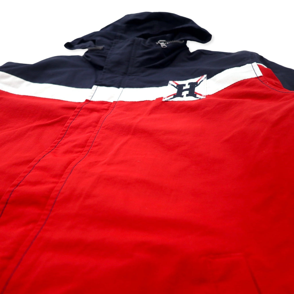 TOMMY HILFIGER Giacca a vela L Blu Navy Rosso Nylon Fodera in pile Cappuccio a scomparsa