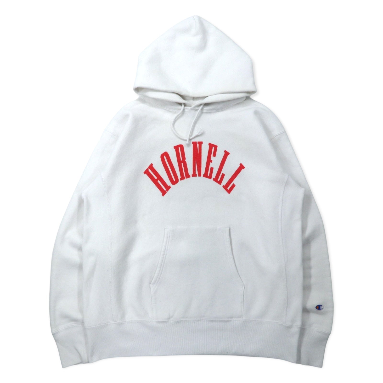 Champion Reverse Weave Felpa con Cappuccio XXL Bianca Cotone Interno Felpato Stampa "Hornell" invecchiata Etichetta Blu (riproduzione) REVERSE WEAVE Pullover Hooded SWEATSHIRT C3-W111