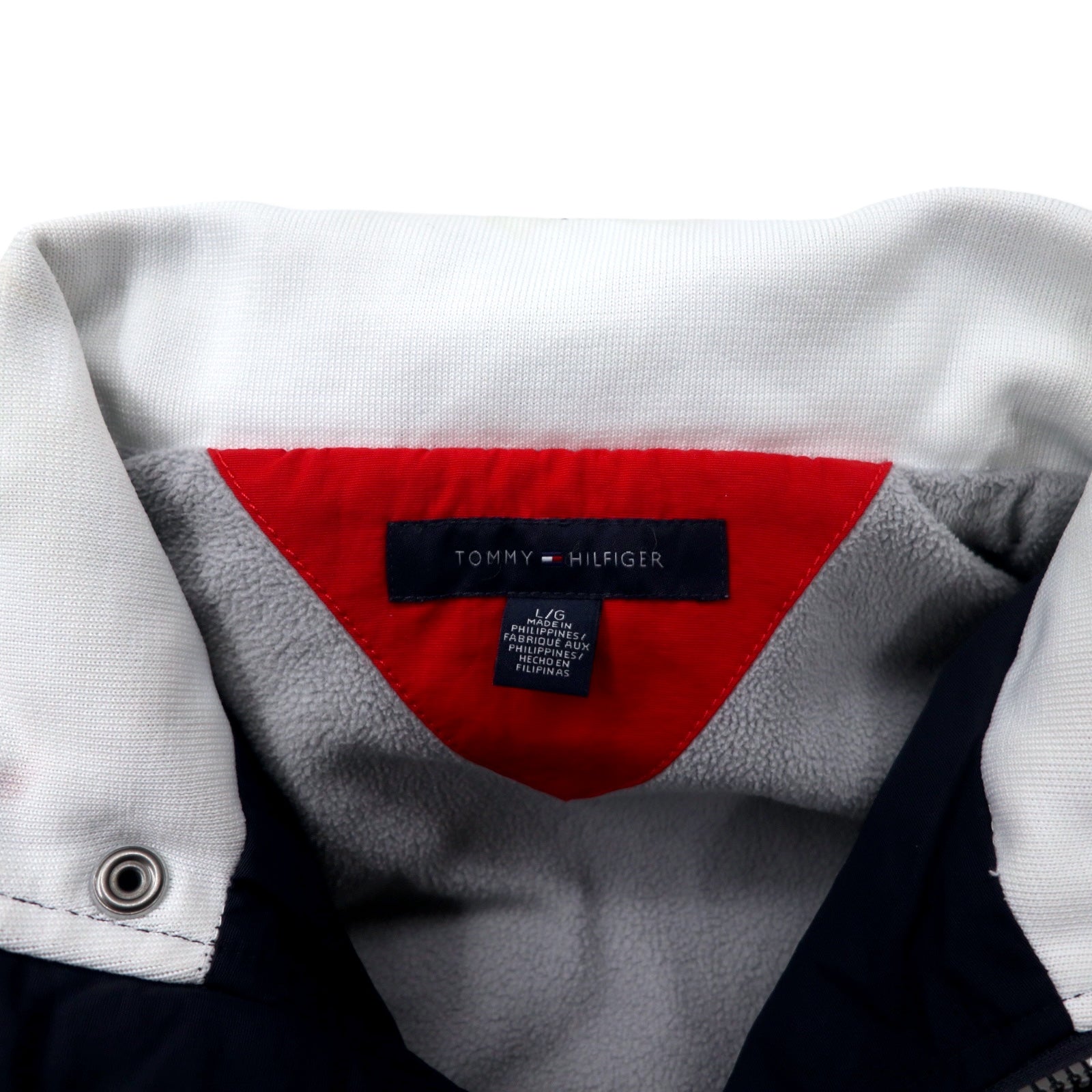 TOMMY HILFIGER Giacca a vela L Blu Navy Rosso Nylon Fodera in pile Cappuccio a scomparsa