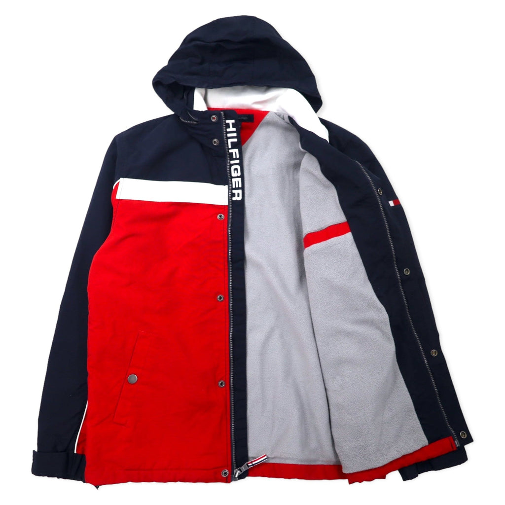 TOMMY HILFIGER Giacca a vela L Blu Navy Rosso Nylon Fodera in pile Cappuccio a scomparsa