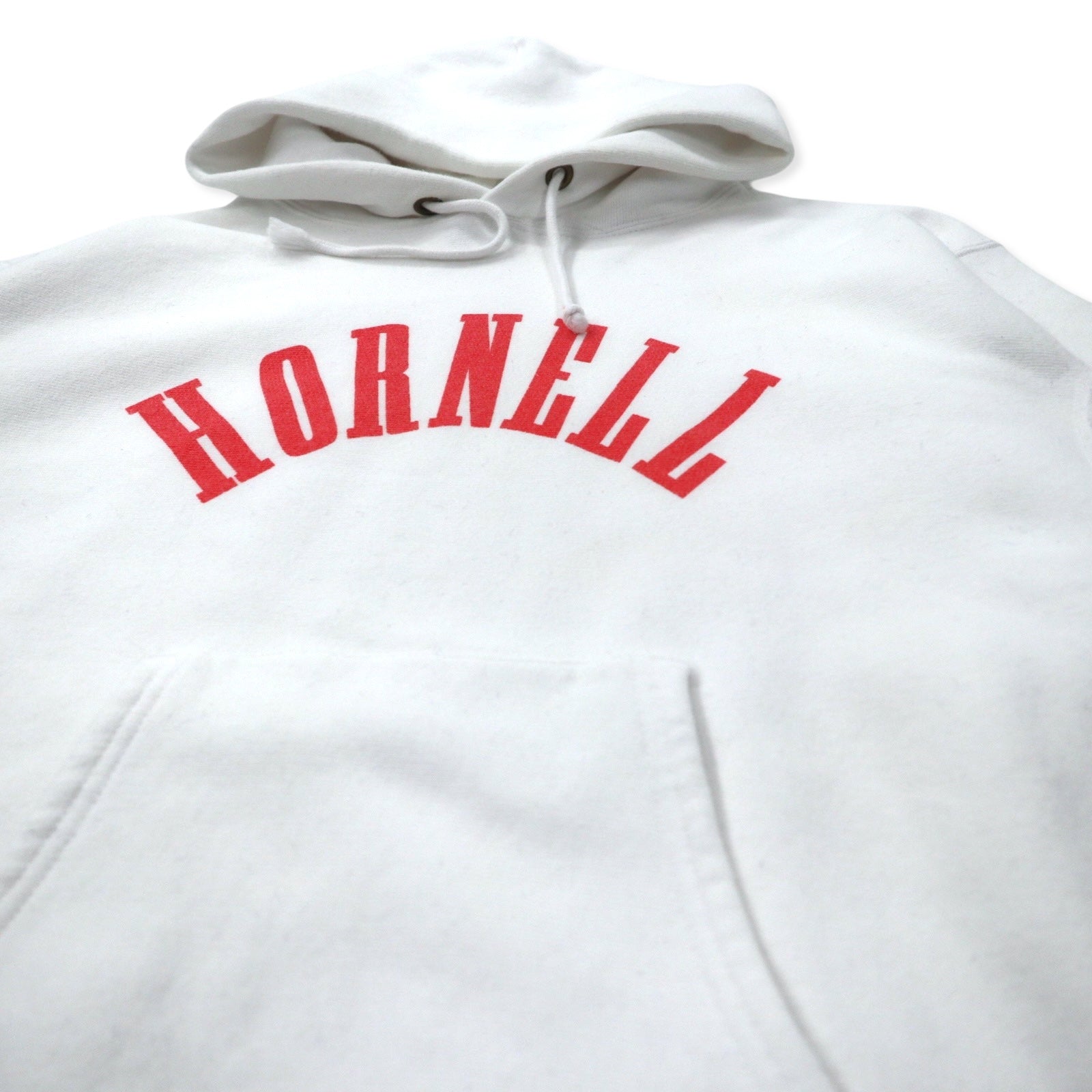 Champion Reverse Weave Felpa con Cappuccio XXL Bianca Cotone Interno Felpato Stampa "Hornell" invecchiata Etichetta Blu (riproduzione) REVERSE WEAVE Pullover Hooded SWEATSHIRT C3-W111