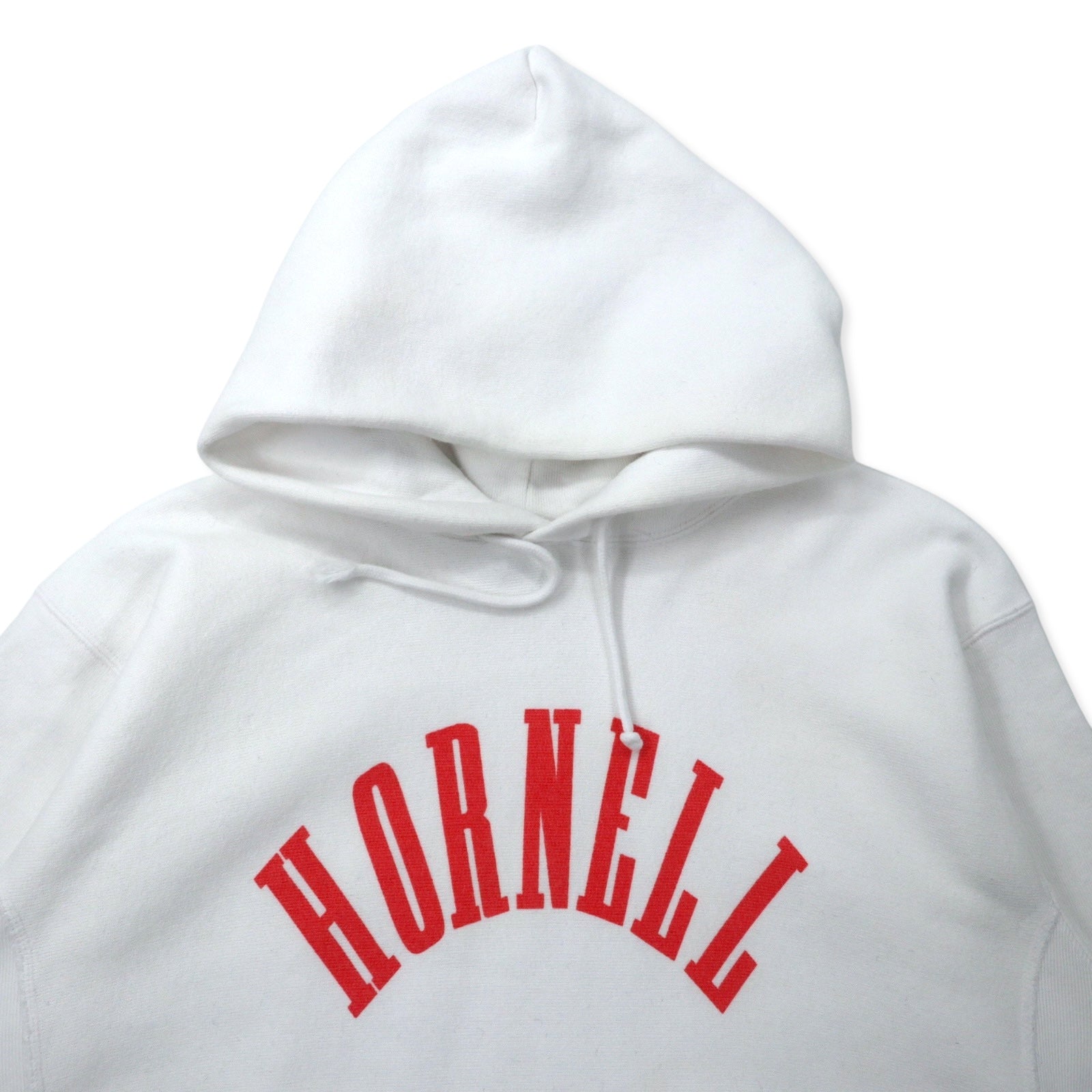 Champion Reverse Weave Felpa con Cappuccio XXL Bianca Cotone Interno Felpato Stampa "Hornell" invecchiata Etichetta Blu (riproduzione) REVERSE WEAVE Pullover Hooded SWEATSHIRT C3-W111