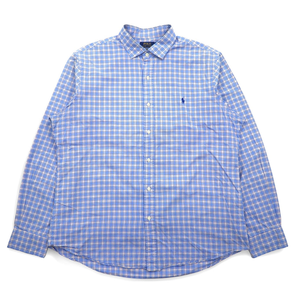 POLO RALPH LAUREN ビッグサイズ ワイドカラー ドレスシャツ XXL ブルー チェック コットン ストレッチ スモールポニー
