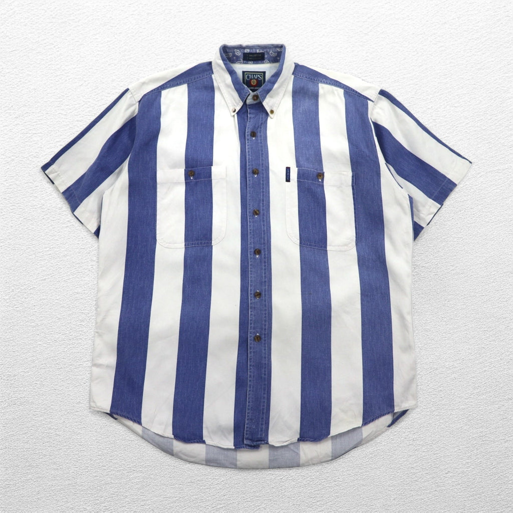 CHAPS RALPH LAUREN 90年代 半袖 デニム ボタンダウンシャツ L ブルー ホワイト ストライプ コットン