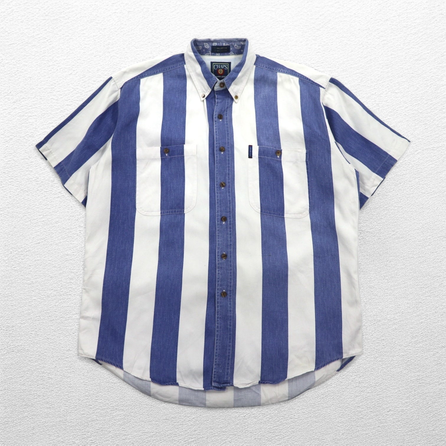 CHAPS RALPH LAUREN 90年代 半袖 デニム ボタンダウンシャツ L ブルー ホワイト ストライプ コットン