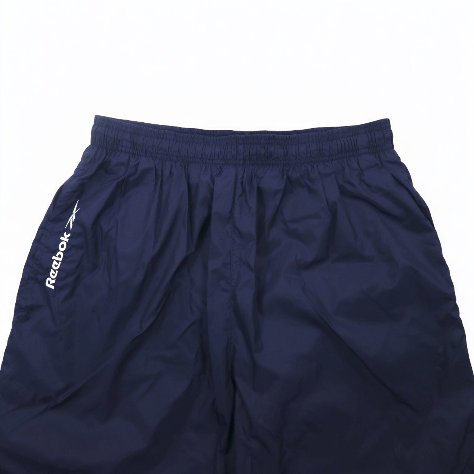 Reebok Anni '90 Pantaloni della tuta in nylon Tuta L Blu navy Logo Vector ricamato Spacco Cerniera sull'orlo