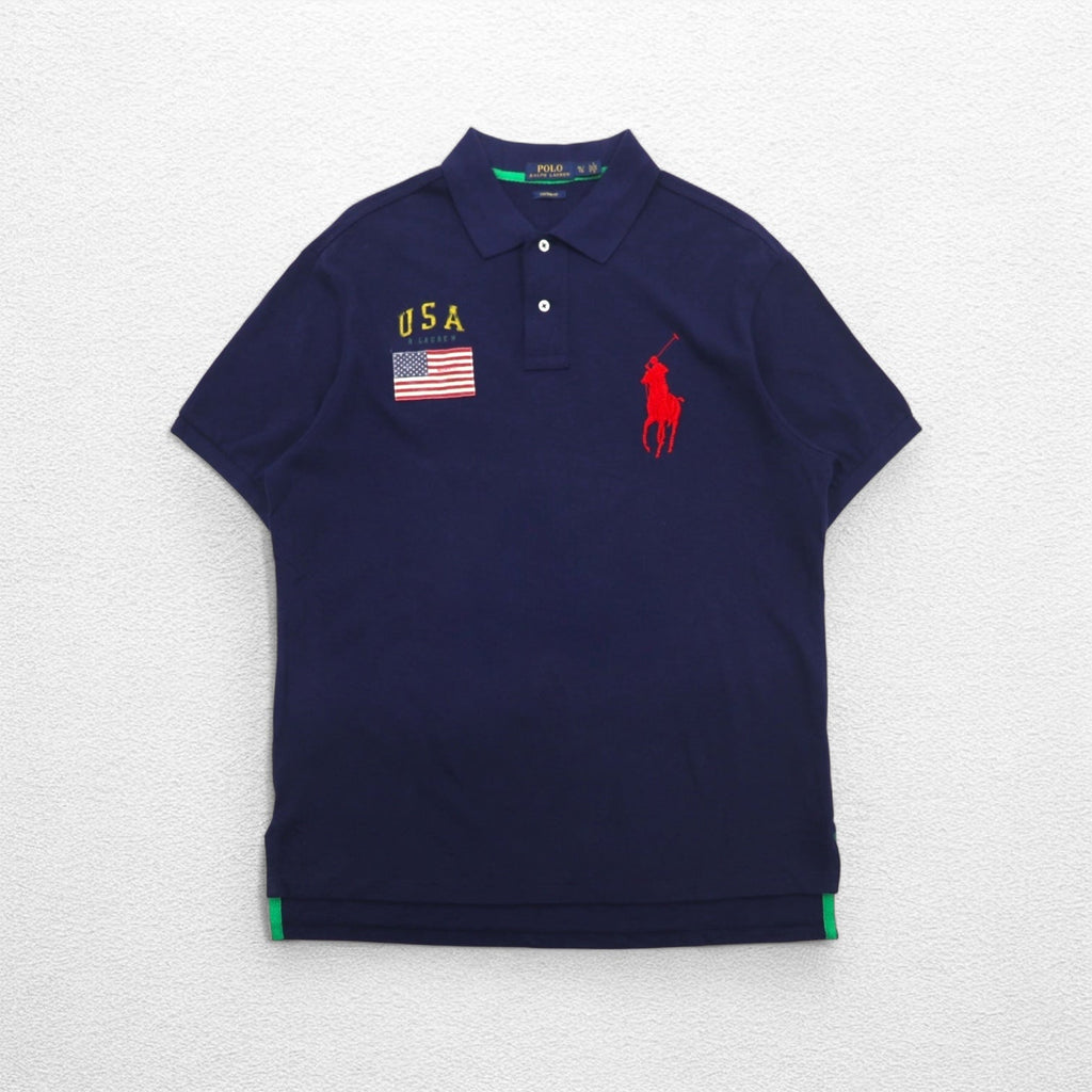 POLO RALPH LAUREN Polo in piqué, taglia XL, blu navy, cotone, ricamo, Big Pony, bandiera USA