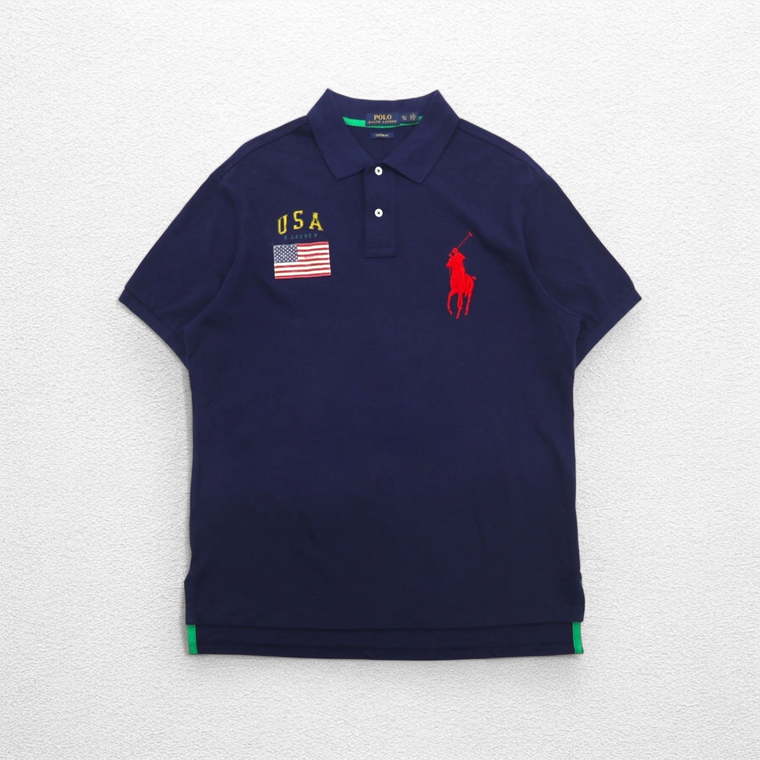 POLO RALPH LAUREN Polo in piqué, taglia XL, blu navy, cotone, ricamo, Big Pony, bandiera USA