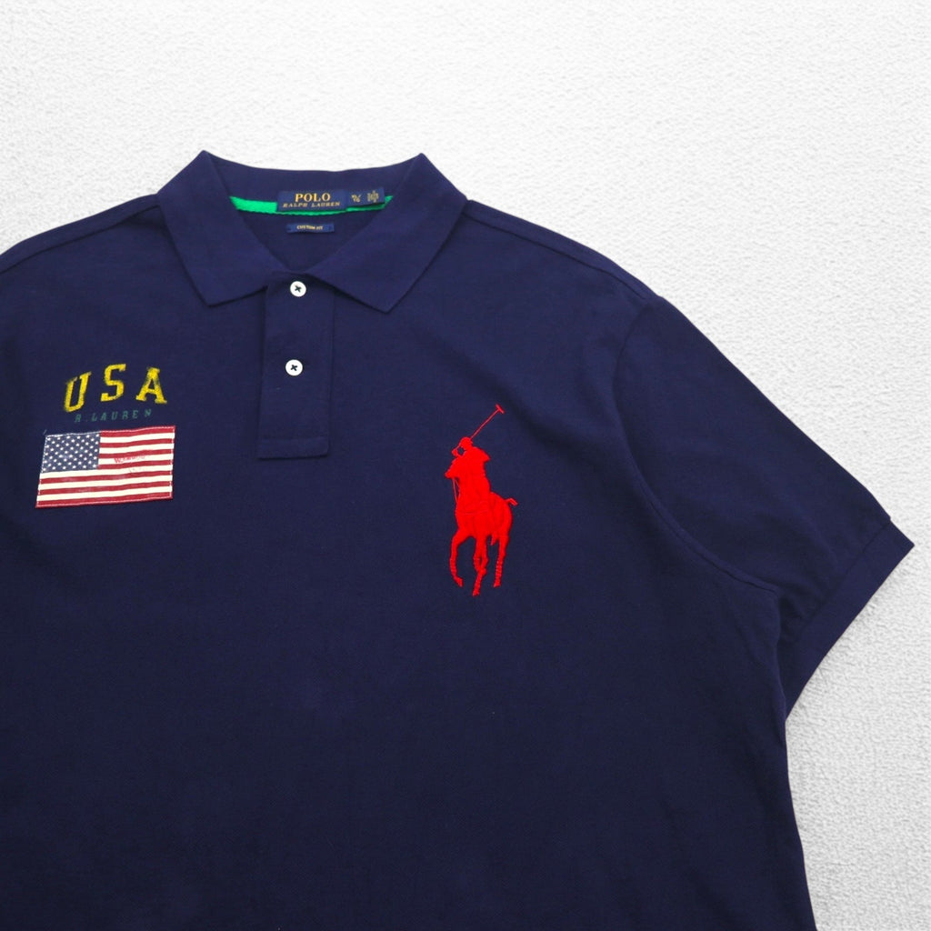 POLO RALPH LAUREN Polo in piqué, taglia XL, blu navy, cotone, ricamo, Big Pony, bandiera USA