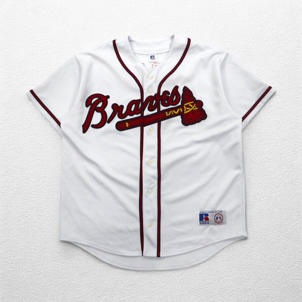 RUSSELL ATHLETICS anni '90 MLB Maglia da baseball L bianca Poliestere Braves Numerazione