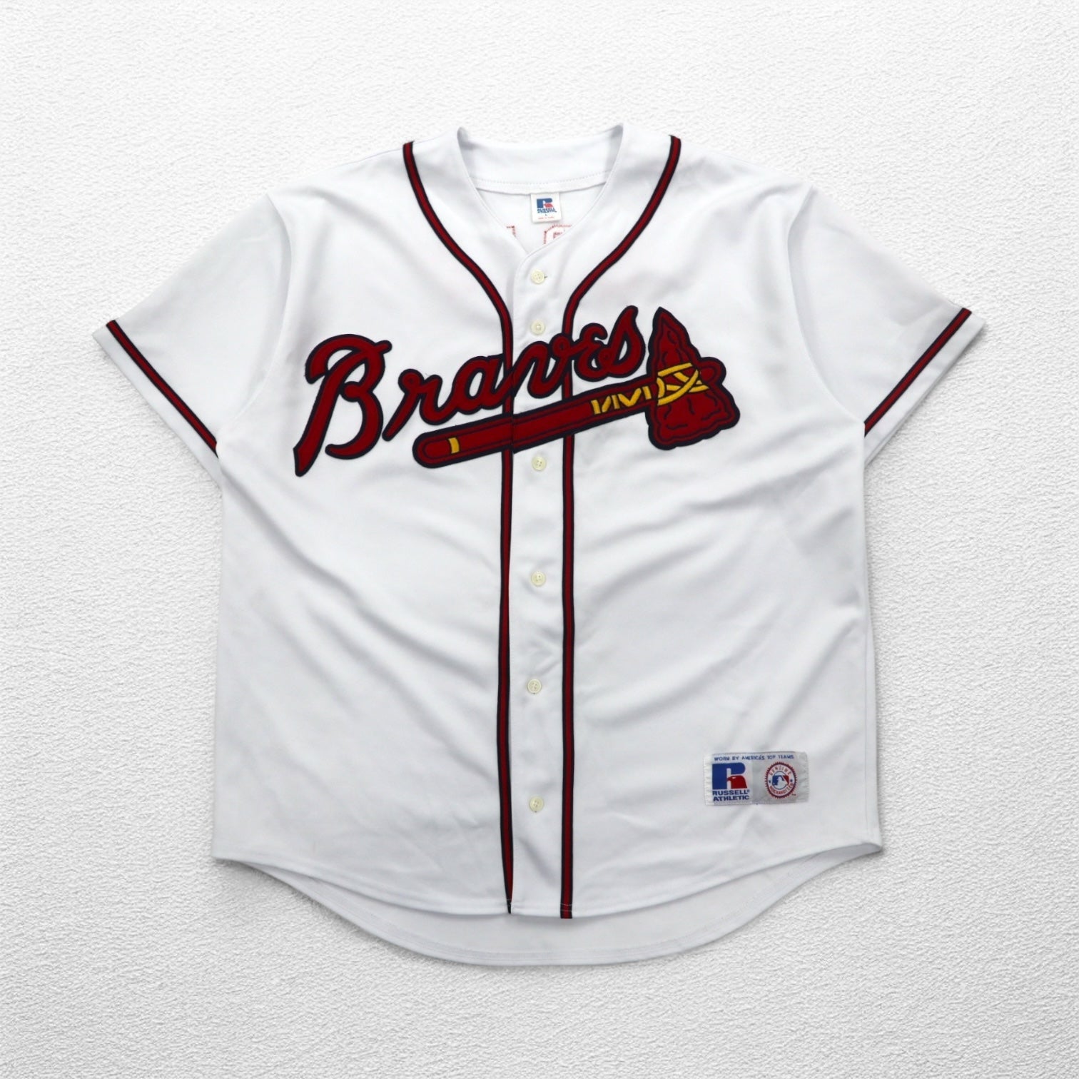 RUSSELL ATHLETICS anni '90 MLB Maglia da baseball L bianca Poliestere Braves Numerazione