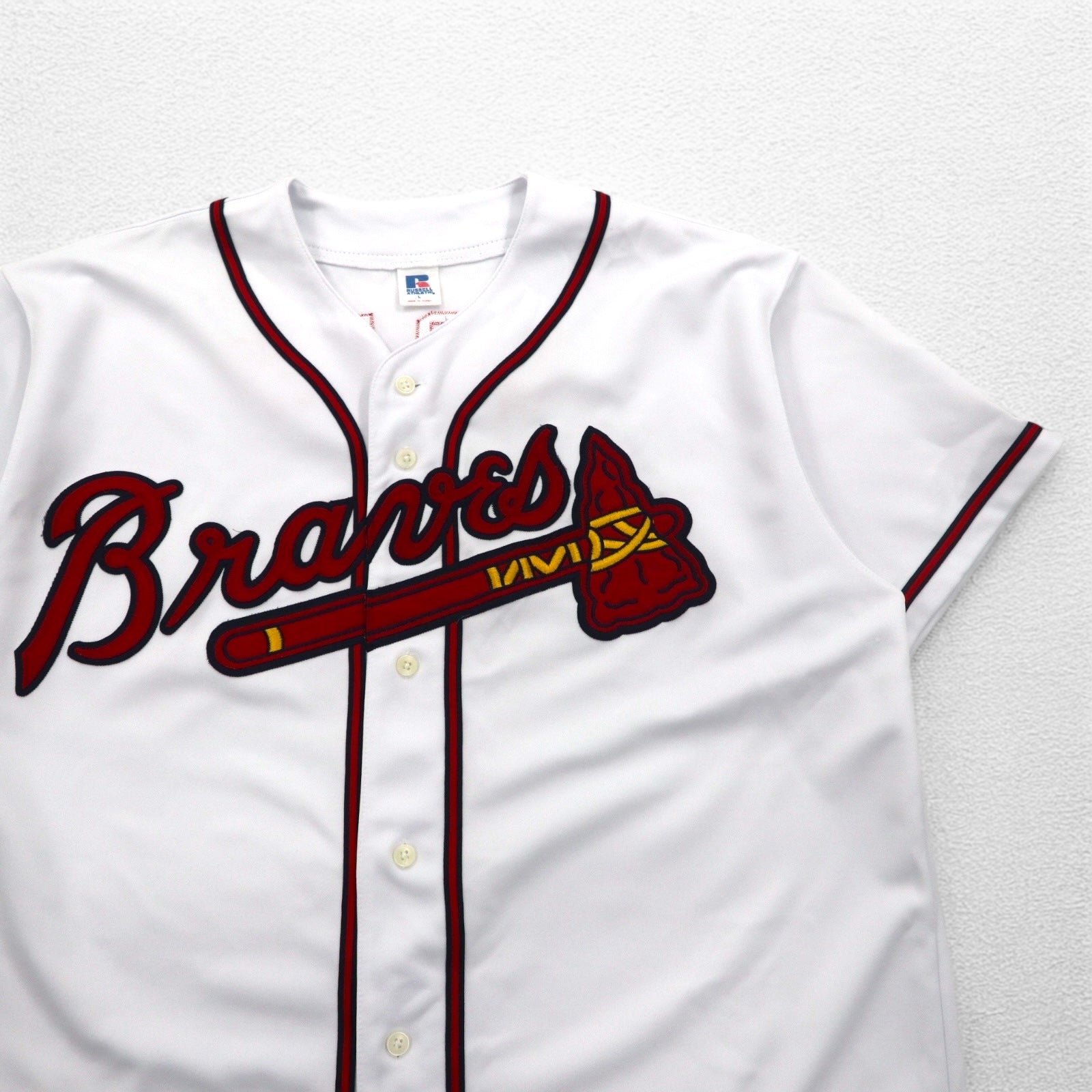 RUSSELL ATHLETICS anni '90 MLB Maglia da baseball L bianca Poliestere Braves Numerazione